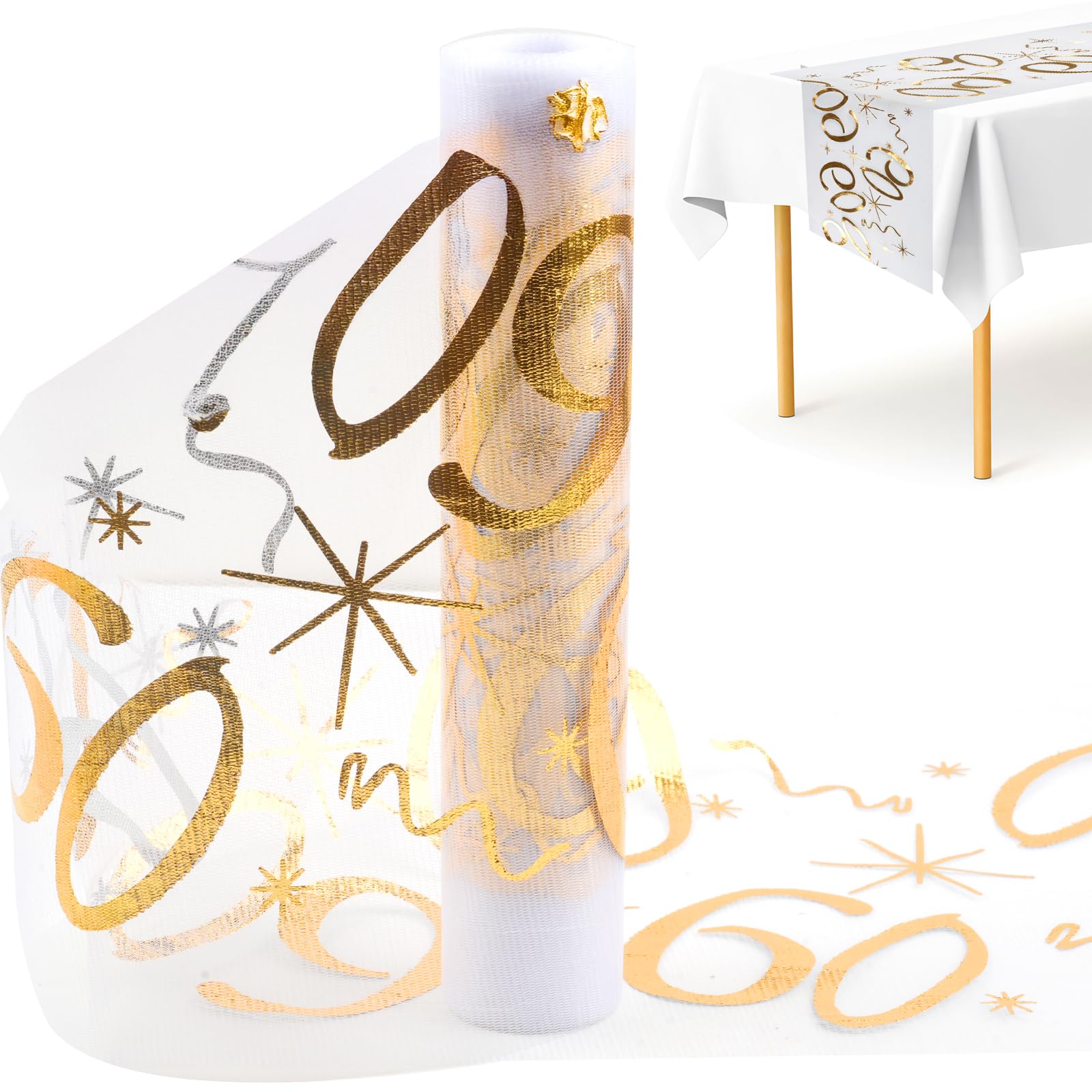 Runner Da Tavola Per 60° Compleanno - Decorazione A Tema Oro E Bianco, 28 Cm X 10 Metri, Con Stelle E Numeri, Elegante E Facile Da Usare, Perfetto Per Feste Di Adulti E Bambini