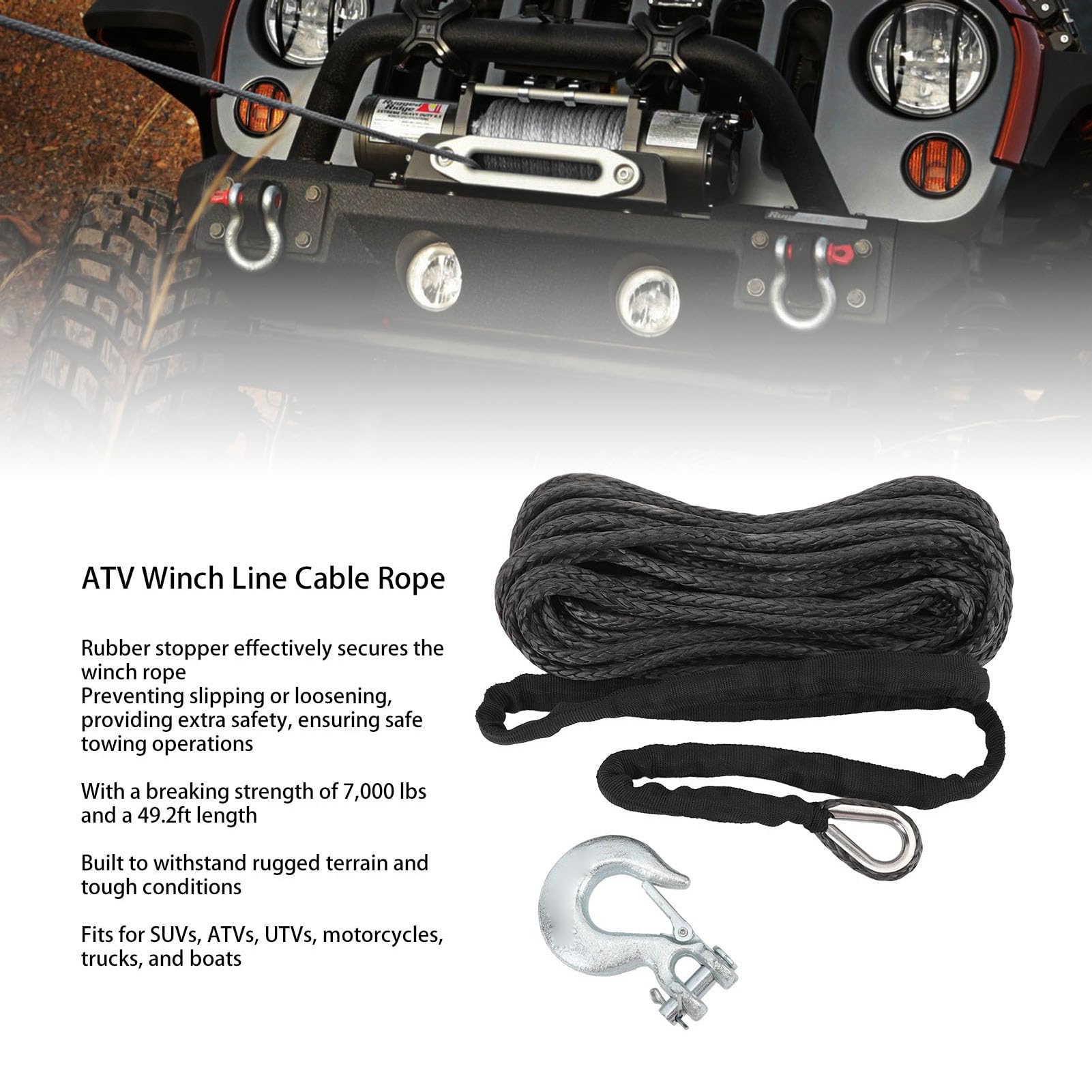 Zestaw syntetycznych lin do wciągarki o wymiarach 49,2 ft x 1/5 cala Wytrzymałość na zrywanie 7000 funtów Kompatybilny z ATV UTV SUV Motocykl Ciężarówka Wciągarka do łodzi —