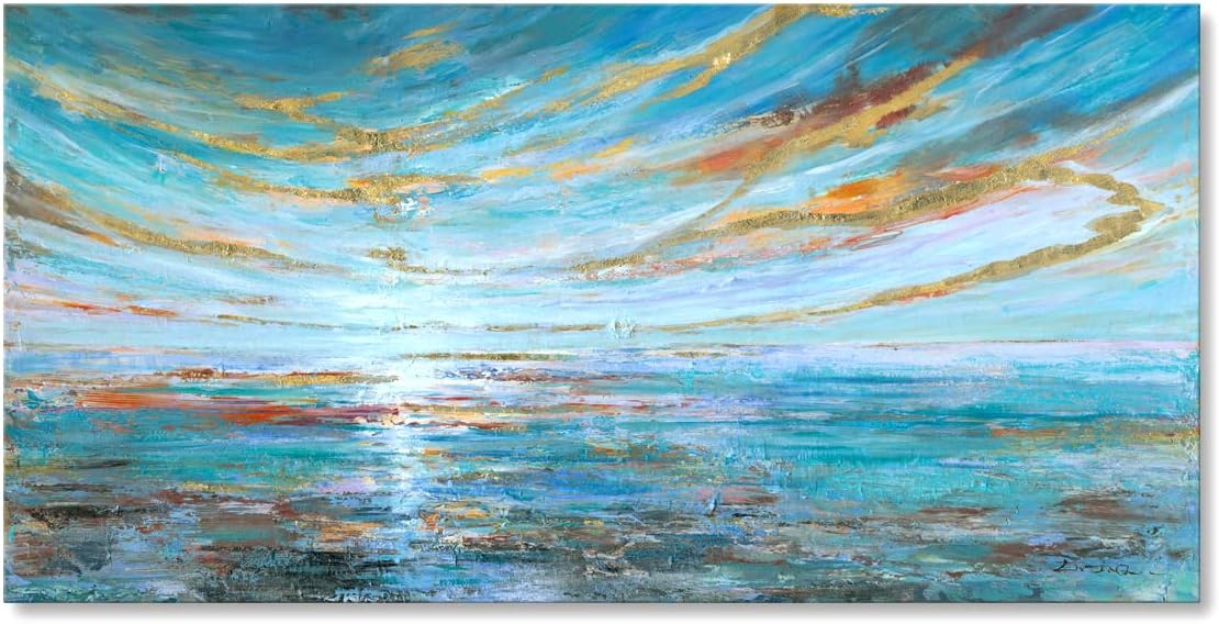Turquoise Abstract Seascape Wall Art Hand Painted Modern Ocean Textured Oil Painting on Canvas