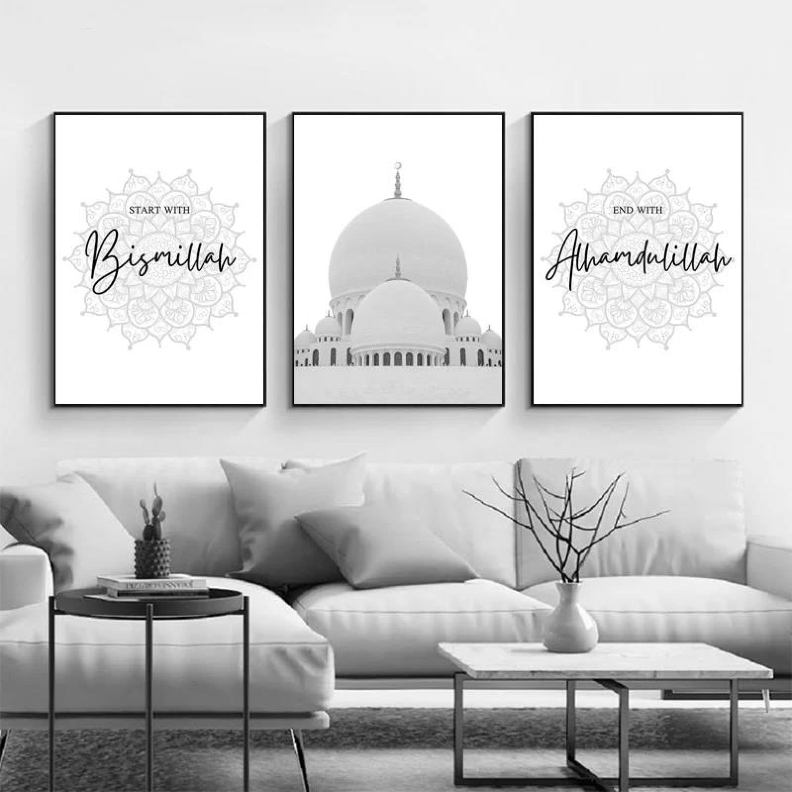 Baibexing Black White Alhamdulillah Bismillah Islamic Wall Art Canvas Arabic Poster And Prints Print Paintings For Living Room Home Decor 50X70Cmx3Pcs Unframed