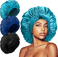 Vista 14 de 3 gorros para dormir, gorro de seda extra satinado para mujeres que duermen con banda de amarre para cabello rizado, trenzas de capó jumbo