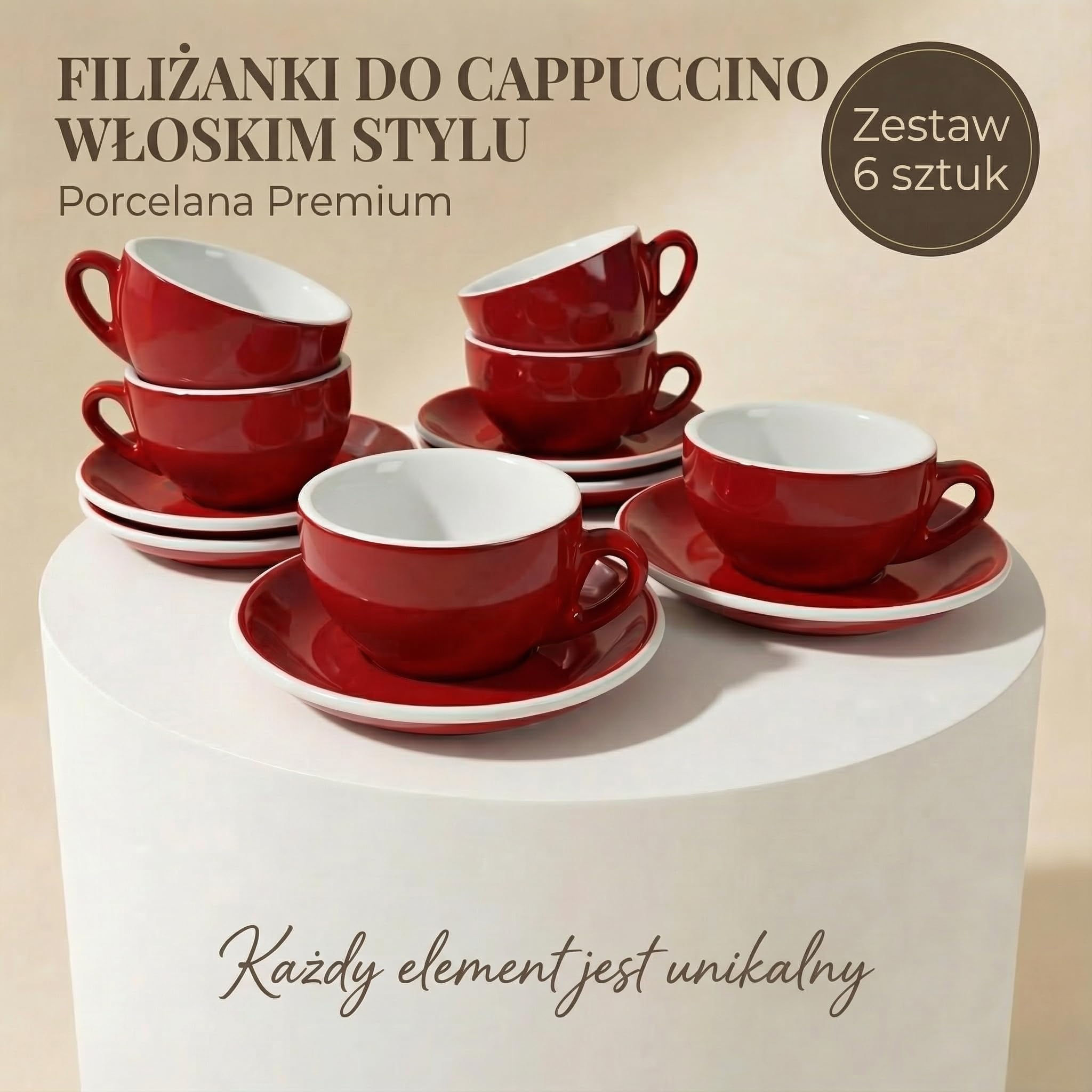 6 x filiżanki do cappuccino | Czerwone | Styl włoski | Gruboscienne i ciężkie | Nadają się do zmywarki | Zestaw 6 filiżanek do cappuccino z spodkami - Zestaw prezentowy