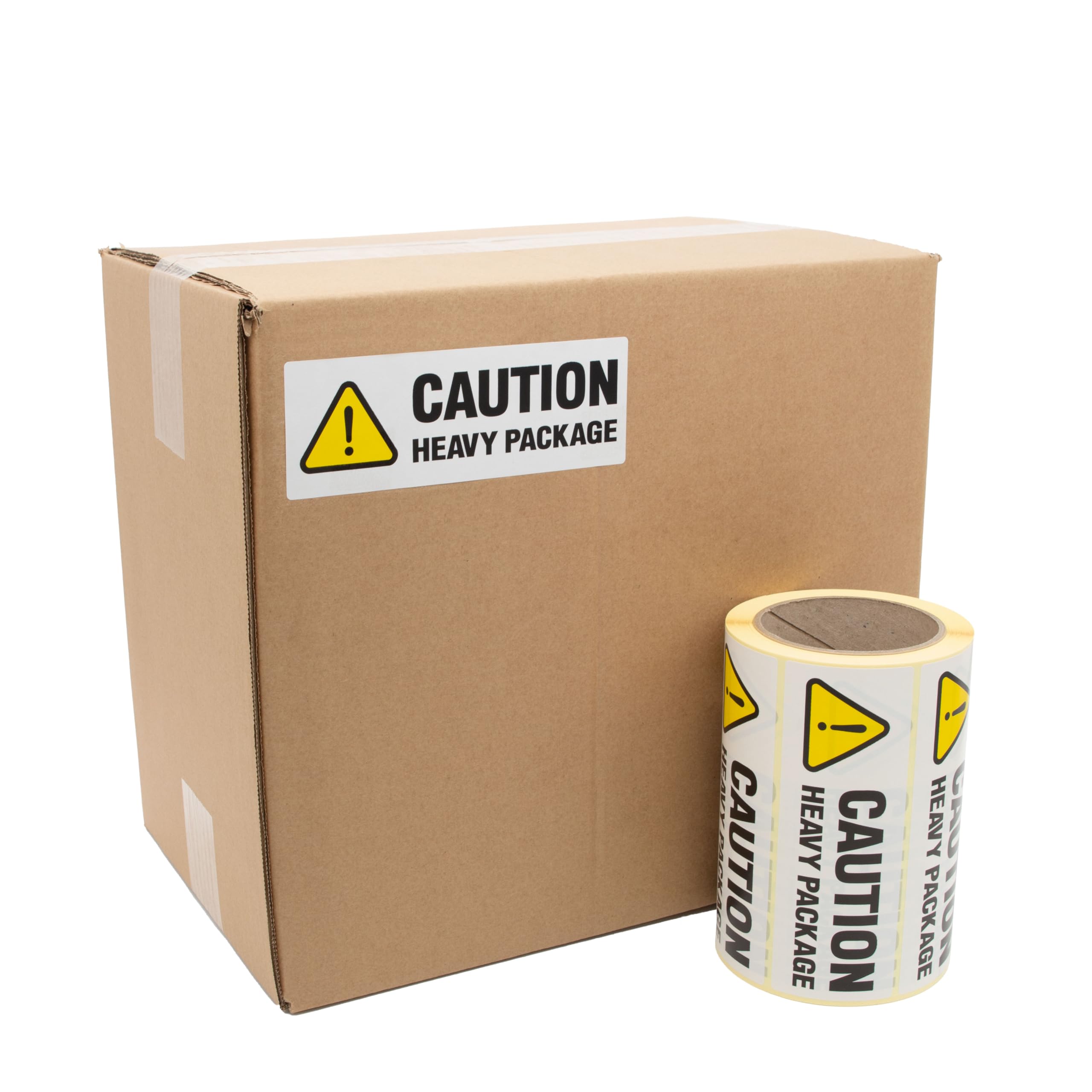 150mm x 54mm Caution Heavy Package Labels/Stickers. Printed Yellow and Black on a White Background. Permanent Adhesive. 500 Labels per roll. (5 Rolls)