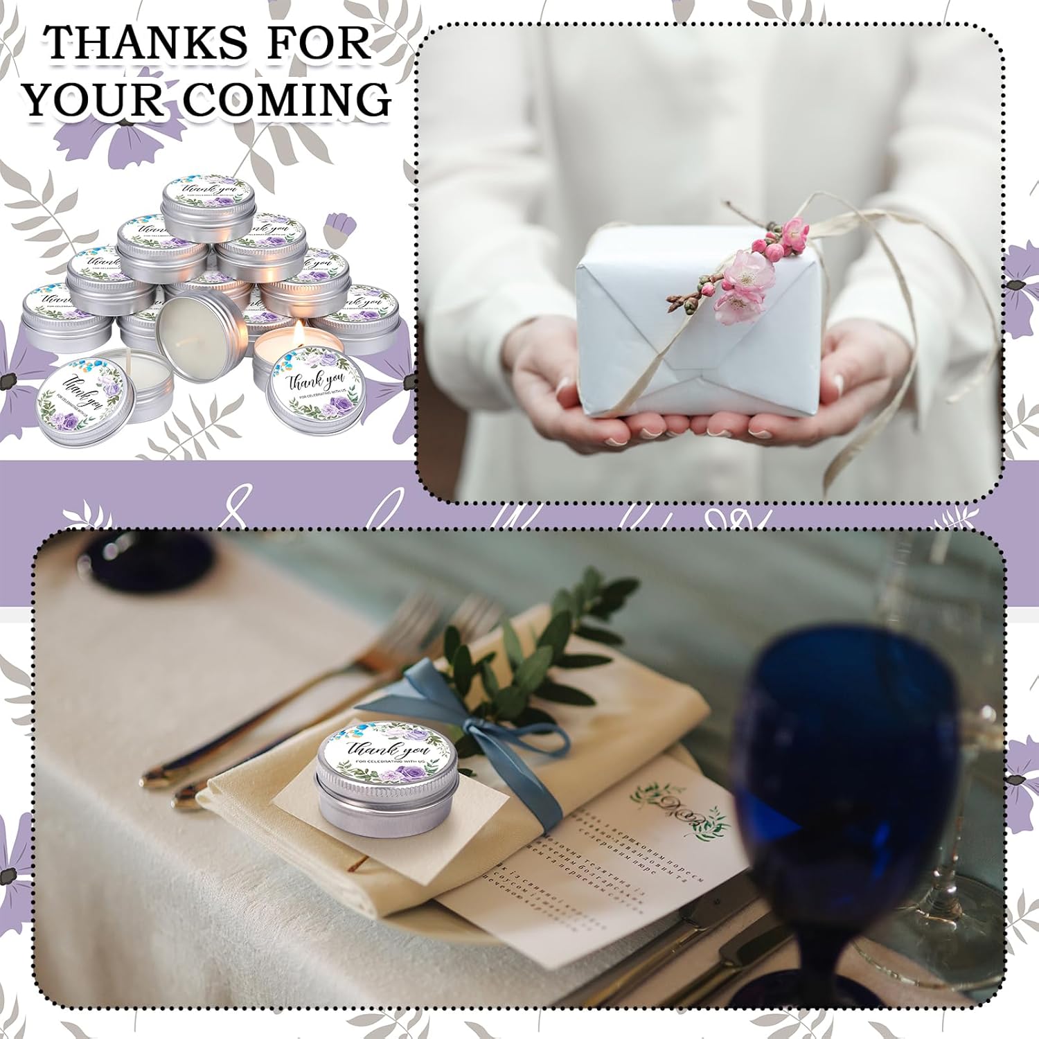 MTLEE 50 Pcs Purple Floral Wedding Candles Gift Favors for Guests 1 Oz Lavender Scented Soy Wax Aromatherapy Candle Favors for Bridal Shower Rustic Wedding Party Guests(Purple Flowers)