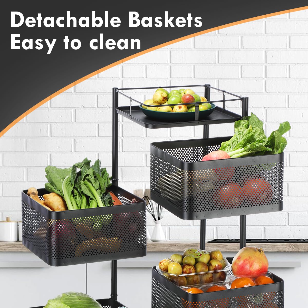 Carrito Auxiliar con Ruedas 5 Estantes, Carro de Cocina Multifuncional con Canastas, Carrito Verdulero y Frutero para Frutas y Verduras, Ruedas 360° para Cocina, Baño, Oficina, Despensa, Negro