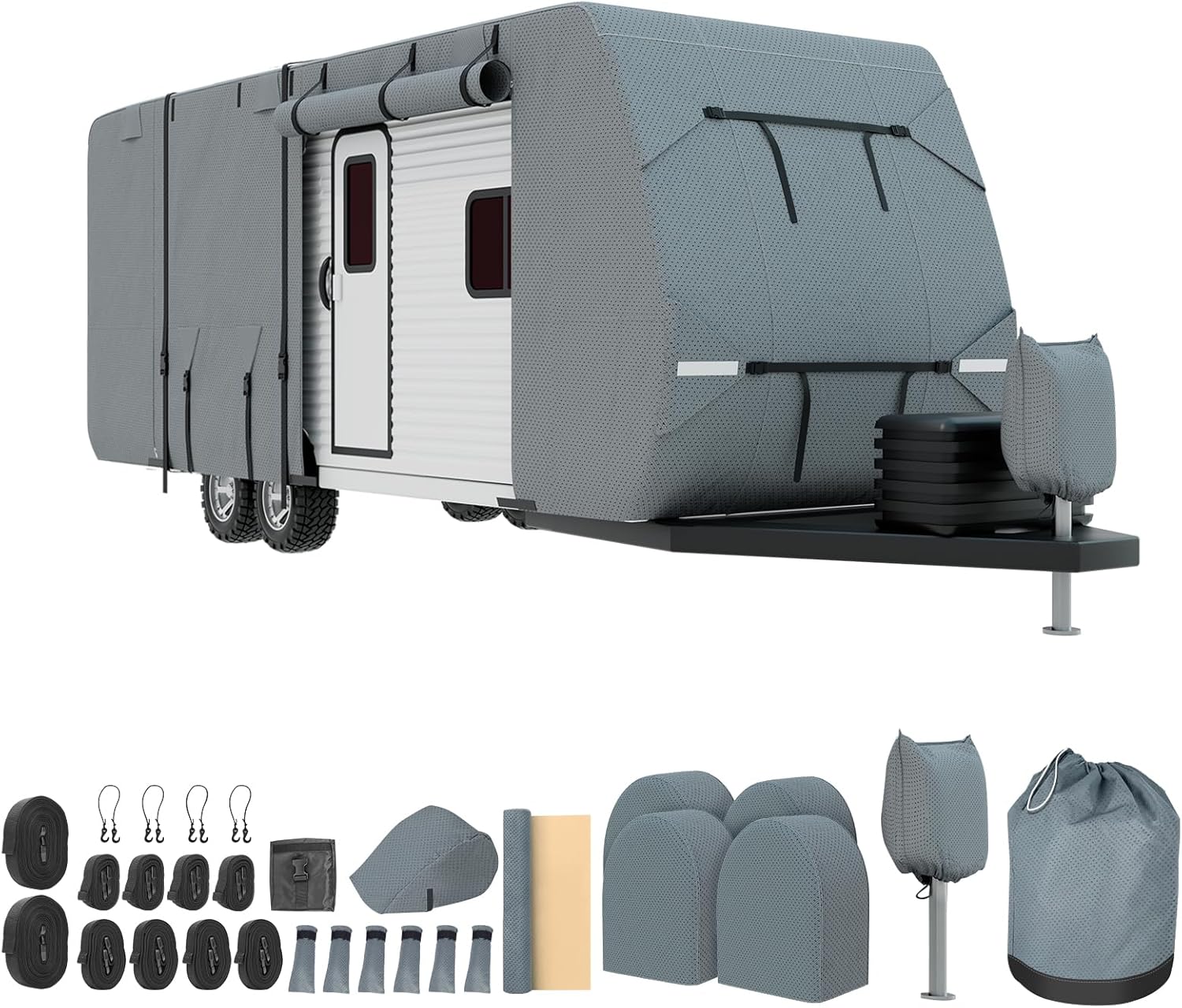 Mofeez Travel Trailer RV Cover, Extra-Thick Upgraded 7 Layers for Camper Cover 14'-16' Windproof Waterproof Rip-Stop RV Covers with Adhesive Repair Patches, 2Pcs Extra Straps & 4 Tire Covers Fits 14'-16'