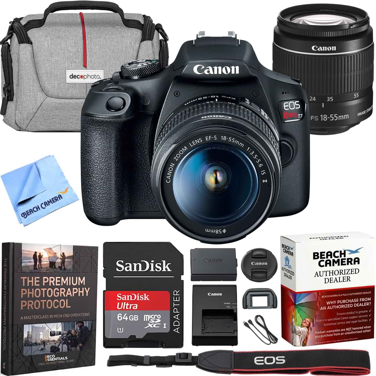 CanonEOS Rebel T7 DSLR Camera with EF-S 18-55mm F3.5-5.6 is II Lens Bundle USA Warranty with 24.1MP, WiFi, Memory Card, Deco Gear Deluxe Case Kit