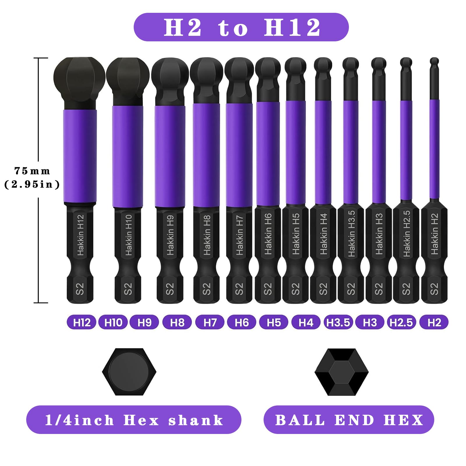 GIONAR 12Pcs Ball End Allen Hex Key Set S2 Steel 1/4” Hex Shank Magnetic - Image 2
