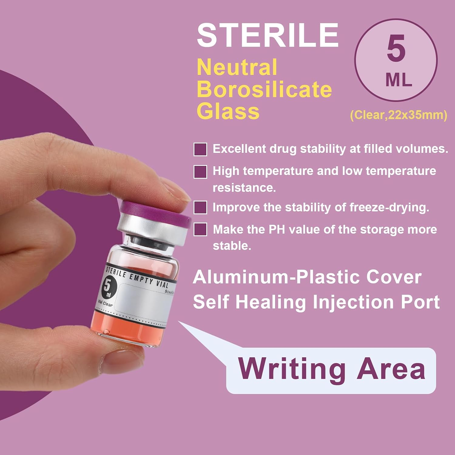 Threlaco 20 Pcs 5ml Sealed Sterile Empty Vials with Self Healing Injection Port Glass Penicillin Bottle with 20 Label Stickers(Purple)
