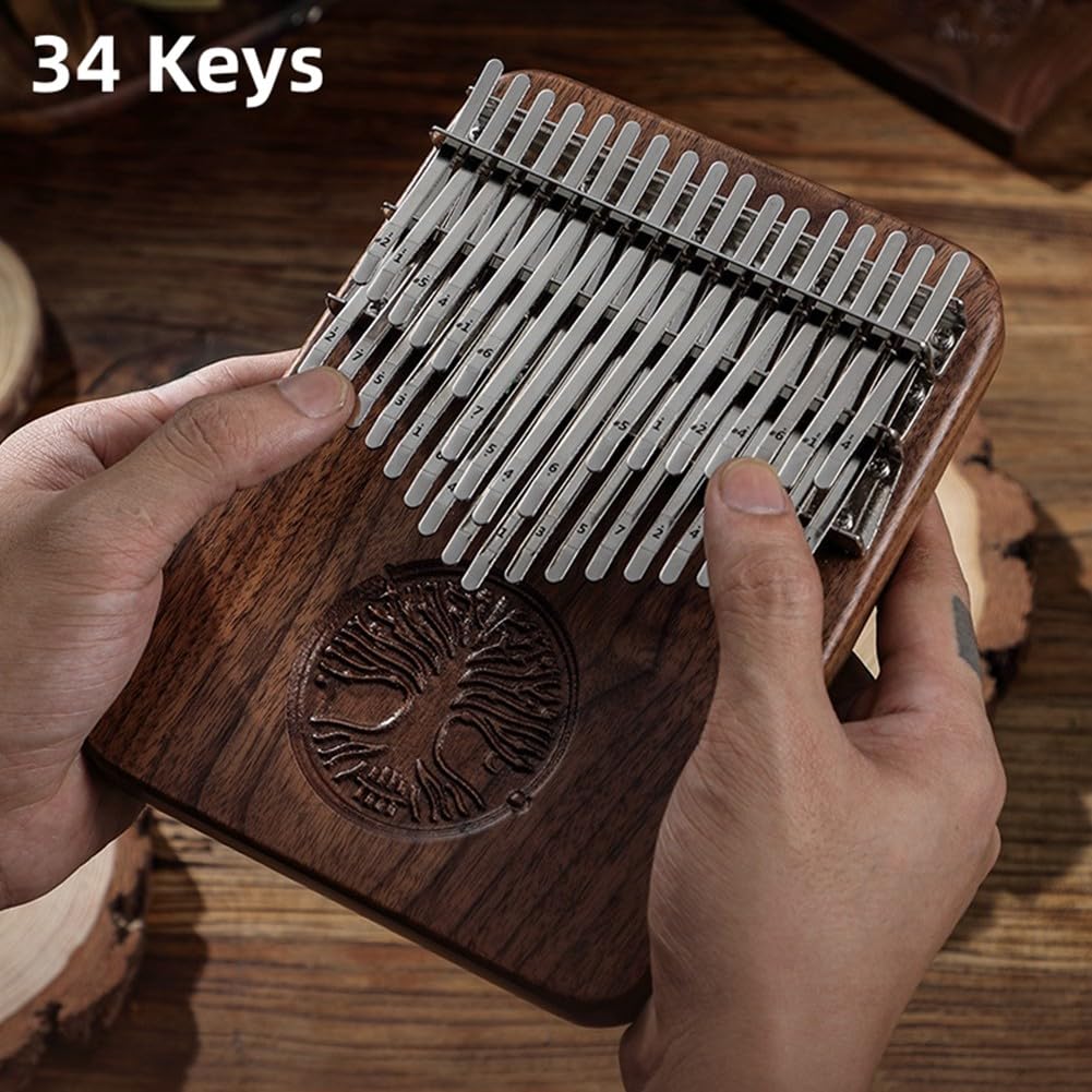 34 Tasten Kalimba Daumenklavier B Tuned Black Walnut mit Tonabnehmer, Tasche, Stimmhammer, Songbuch & Tuch - Hand Percussion Instrument für Performance, Aufnahme, Outdoor, Party Key C