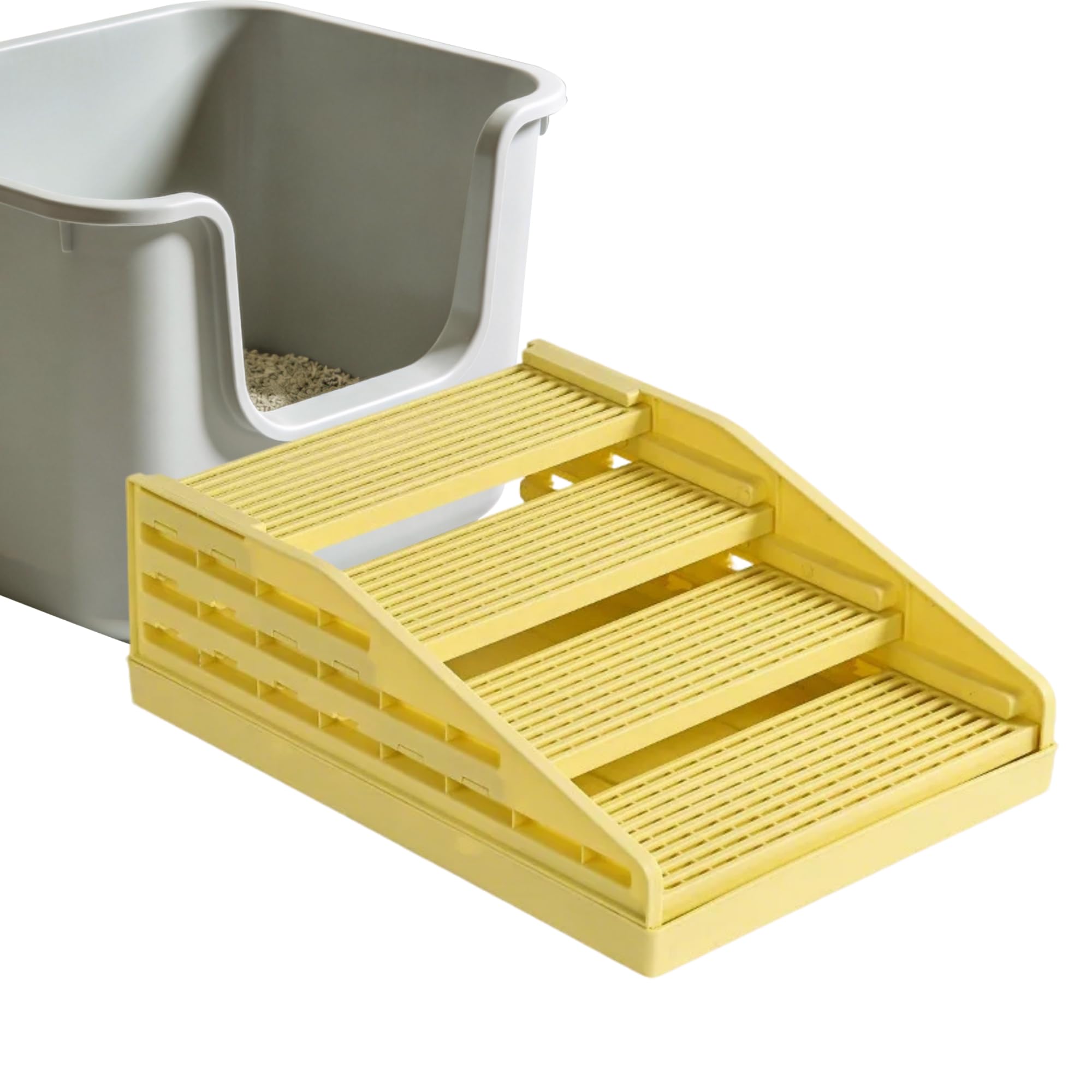 Caja de arena ajustable para gatos con función de filtro, rampa para gatos, atrapador de arena para escaleras, color amarillo