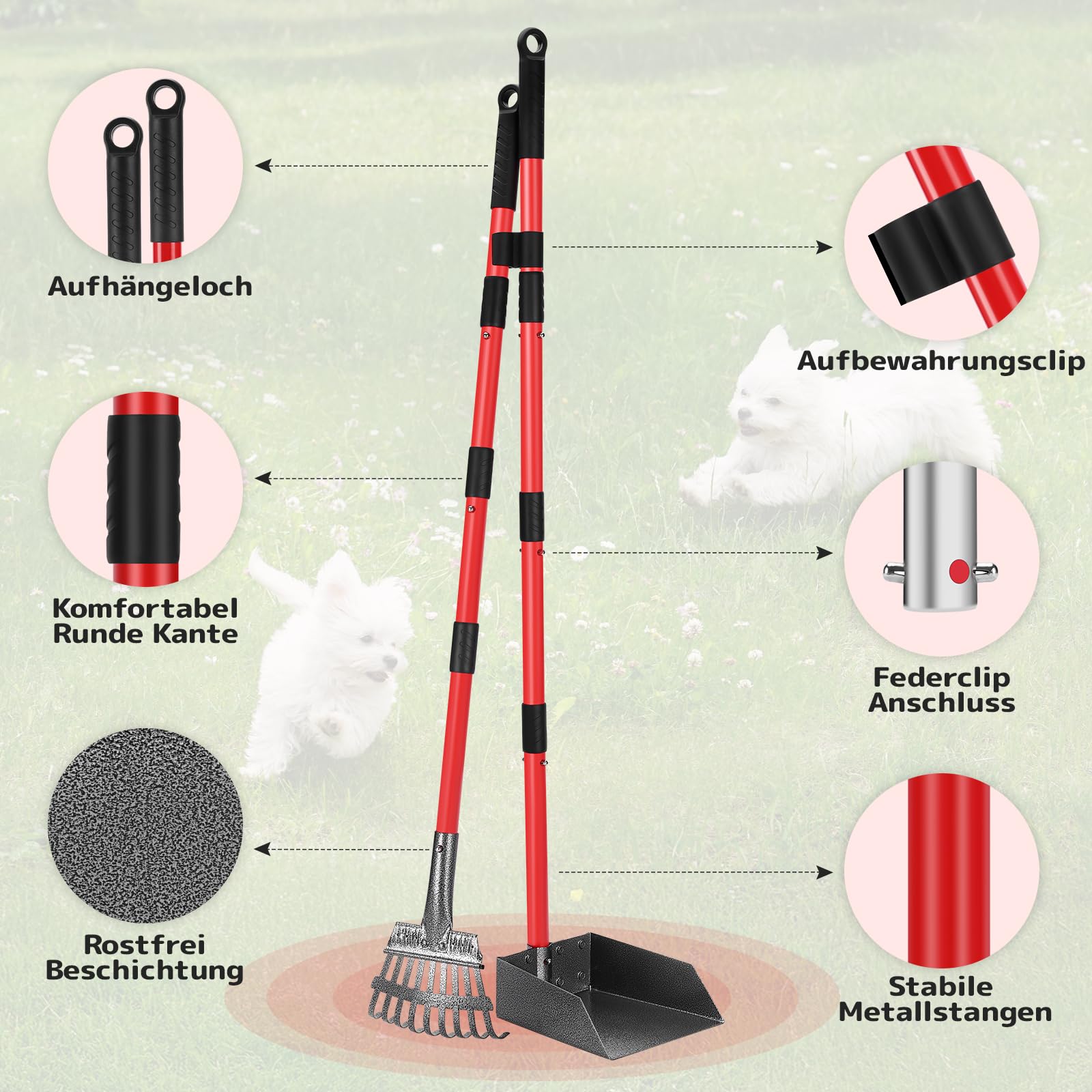 Hundekotschaufel, Hundekotsammler Aus Edelstahl Für Große, Mittelgroße Und Kleine Hunde, Abnehmbares Metallrechen Und Tablett Für Garten, Gras, Erde Oder Kies - Rot
