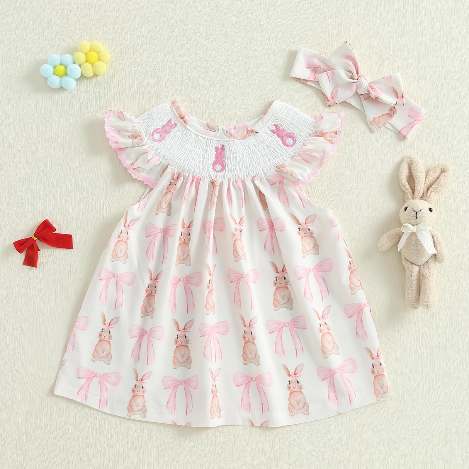 Toddler Baby Girl Easter Outfit Bunny Smocked Dress Ruffle Sleeve A-line Princess Dresses Infant Girl Easter Clothes (Beige, 2-3 Years)