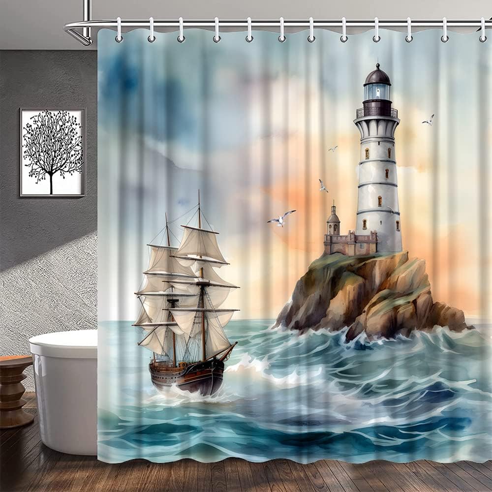 Nautical Lighthouse Shower Curtain Vintage Sunset Ocean Pirate Ship Sea Wave Sailboat Coastal Seagull Stone Bathroom Decor Fabric Curtains with Hook 70Wx80H Inches