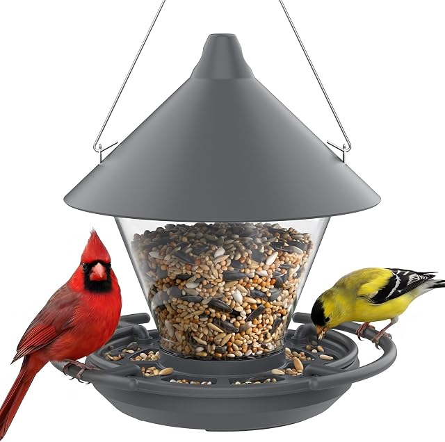 Kingsyard Wild Bird Feeder for Outdoors Hanging, No-Waste Tray with Seed Guard & Circular Perch, Garden Yard for Cardinal Finch, 4 lb Large Capacity, Grey