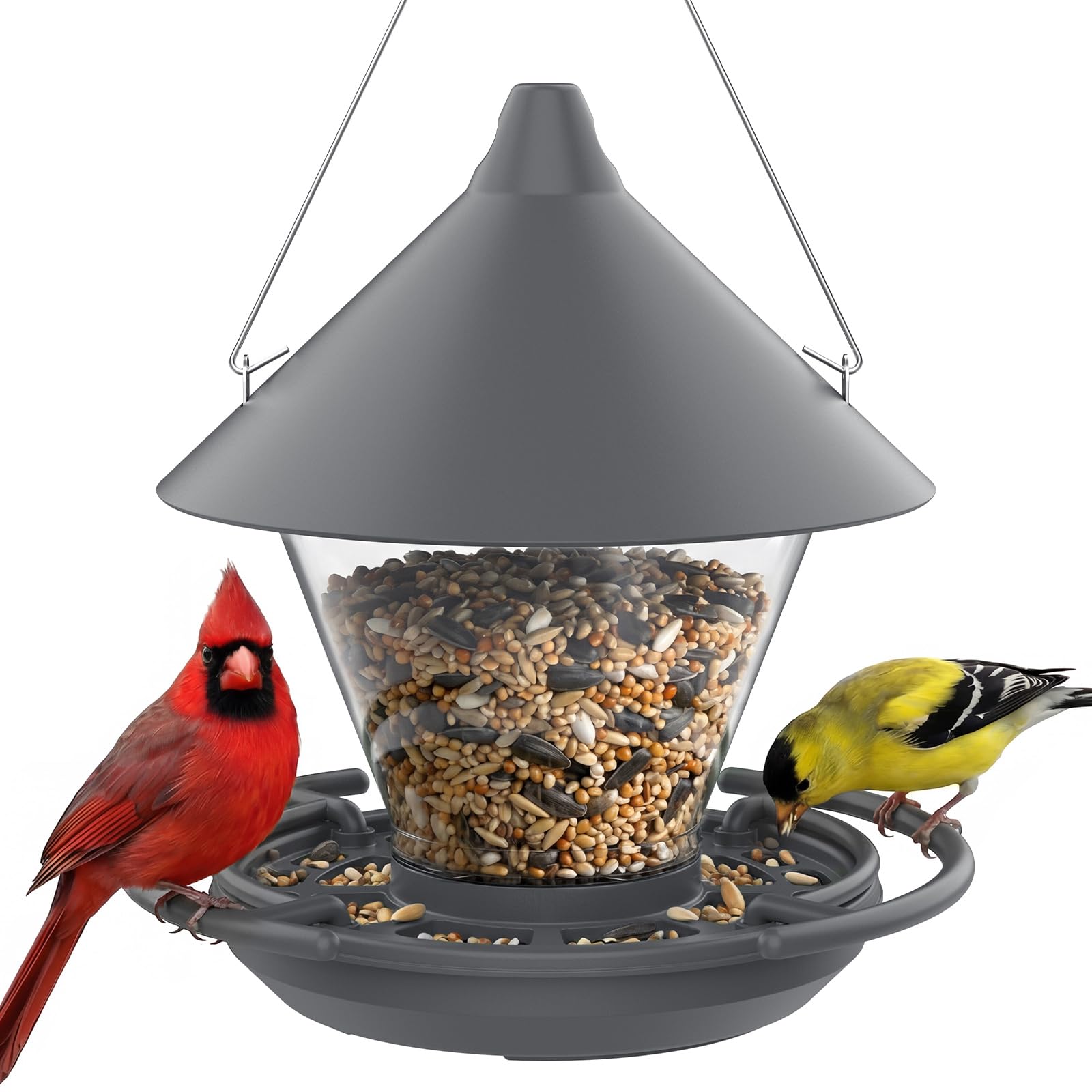 Kingsyard Bird Feeder for Outdoors Hanging, Hopper Wild Bird Feeders with No-Spill Seed Tray & Built-in Perch, Easy to Clean and Refill, 3 lb Large Capcacity (Grey)