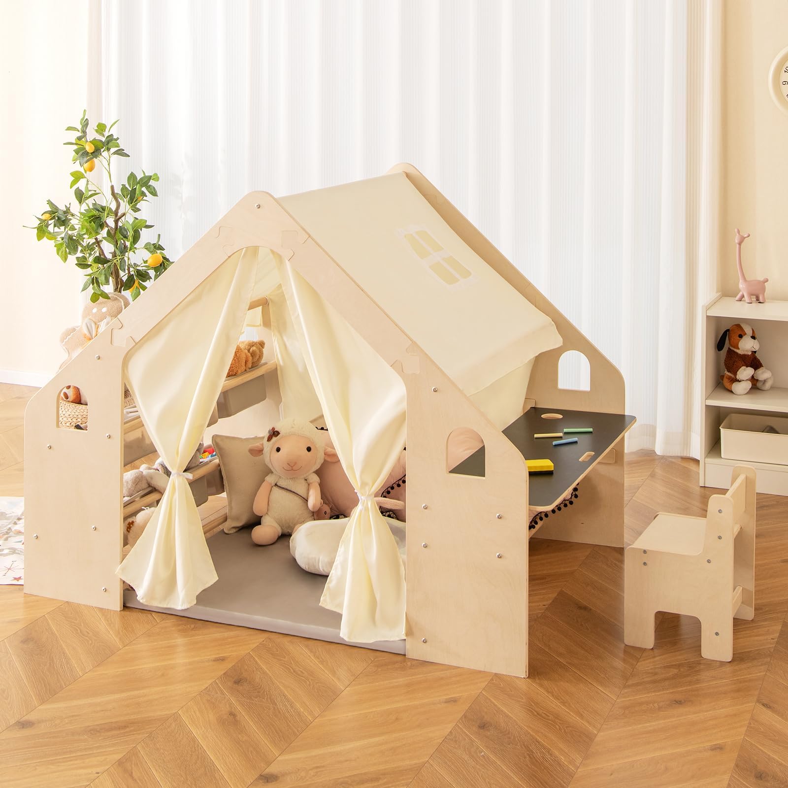 DREAMADE Kinderzelt für Drinnen mit Matte und Kindertisch & Stuhl Set und Aufbewahtungsbox, Spielzelt Kinderspielhaus, Indoor Spielhaus aus Holz für Kinder ab 2 Jahren (Groß mit 6 Boxen)