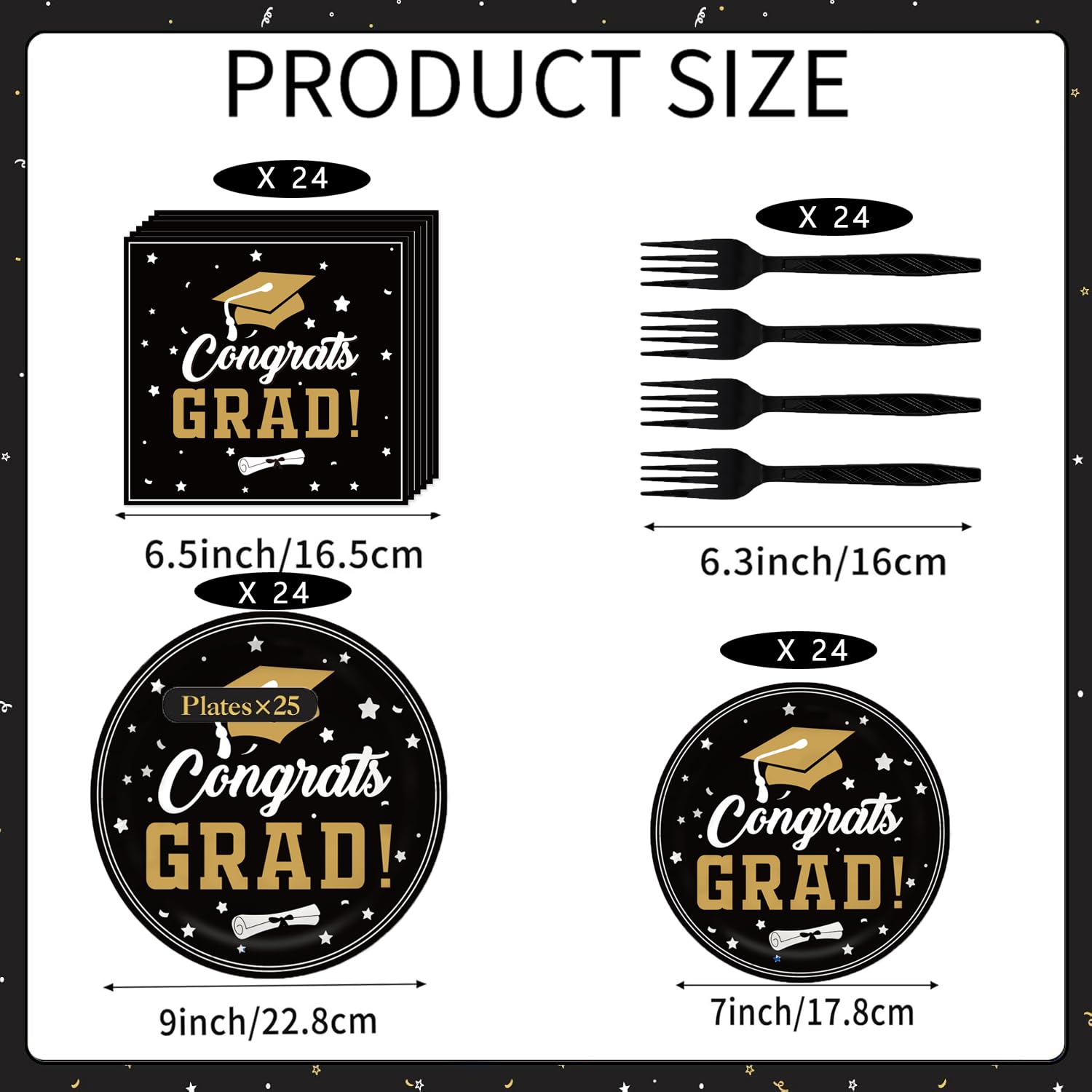 2025 Graduation Party Dinnerware Black Disposable dinner paper plates dessert paper plates and Napkins Graduation decorations for Congrats Grad Party Decorations, Serve 24