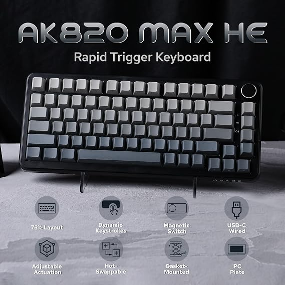 MechLands AJAZZ AK820 MAX HE Hall Effect Gaming Keyboard Actuation Adjustable 8KHz Polling Rate Wired Rapid Magnetic Keyboard Creamy Gasket RGB Backlight NKRO for Win/Mac Gradient Gray