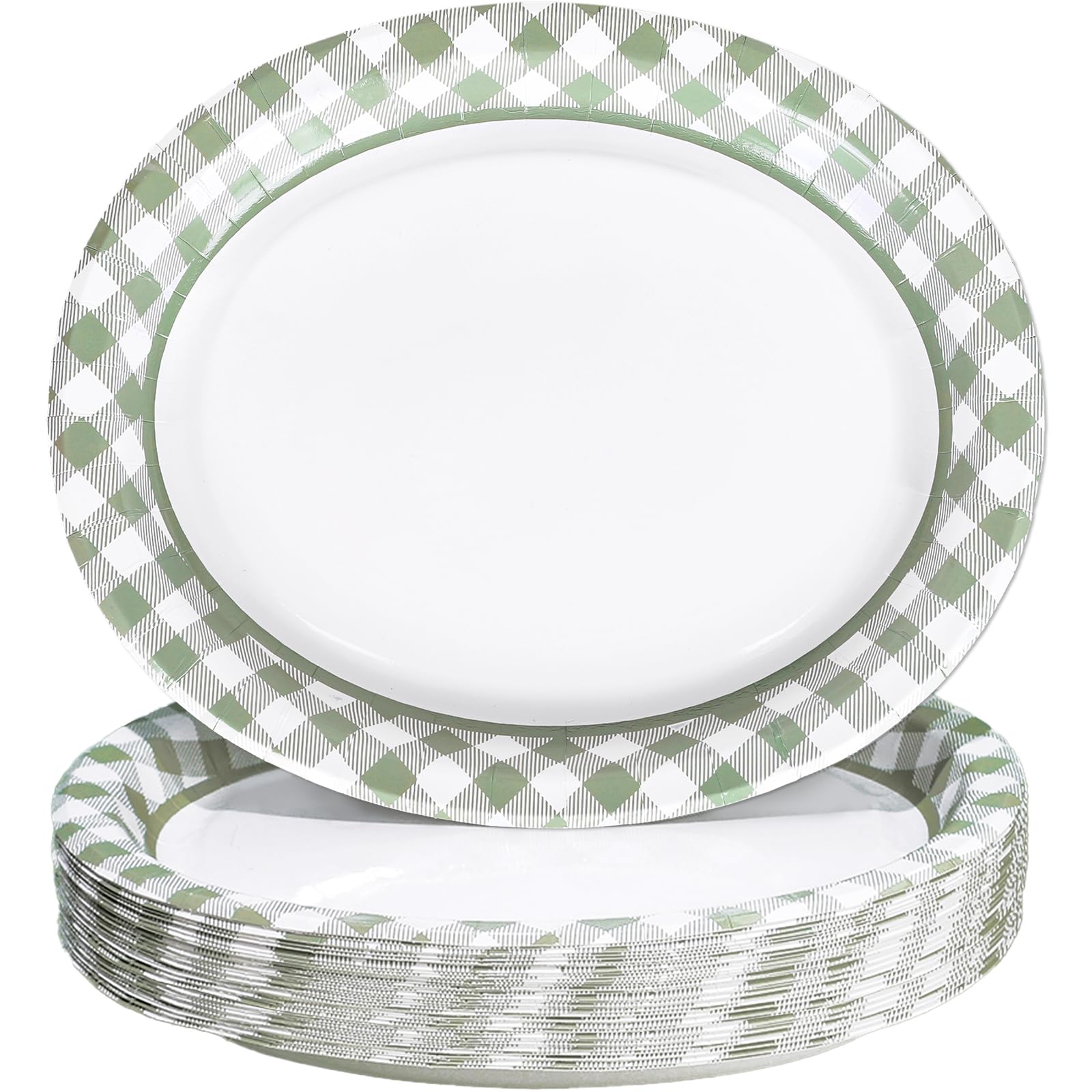 FYSUIMU 50 Pcs Sage Green Gingham Oval Paper Plates Pastel Checkered Disposable Plates 12 x 10 Inch Plaid Tableware Plates for Wedding Birthday Party