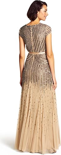 Vista 2 de Adrianna Papell Vestido largo con cuentas, cuello en V, mangas anchas y faja, para mujer