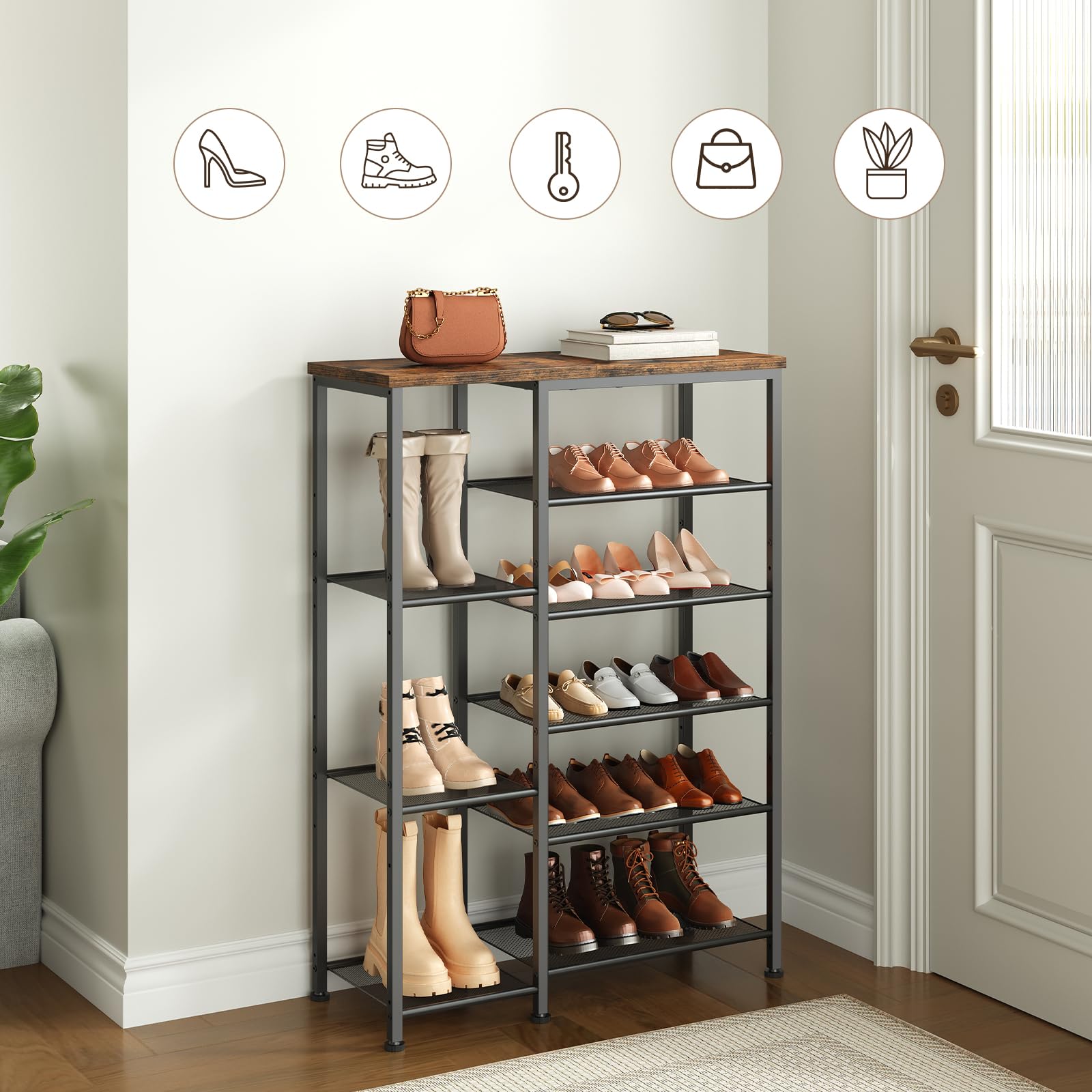 HOOBRO Schuhregal, 6-stöckiges Schuhablage, Schuh-Organizer, Metall Schuhständer, Große Kapazität Schuhschrank für Flur, Eingang, Stiefel, platzsparend, Vintagebraun und Schwarz EBF35XJ01