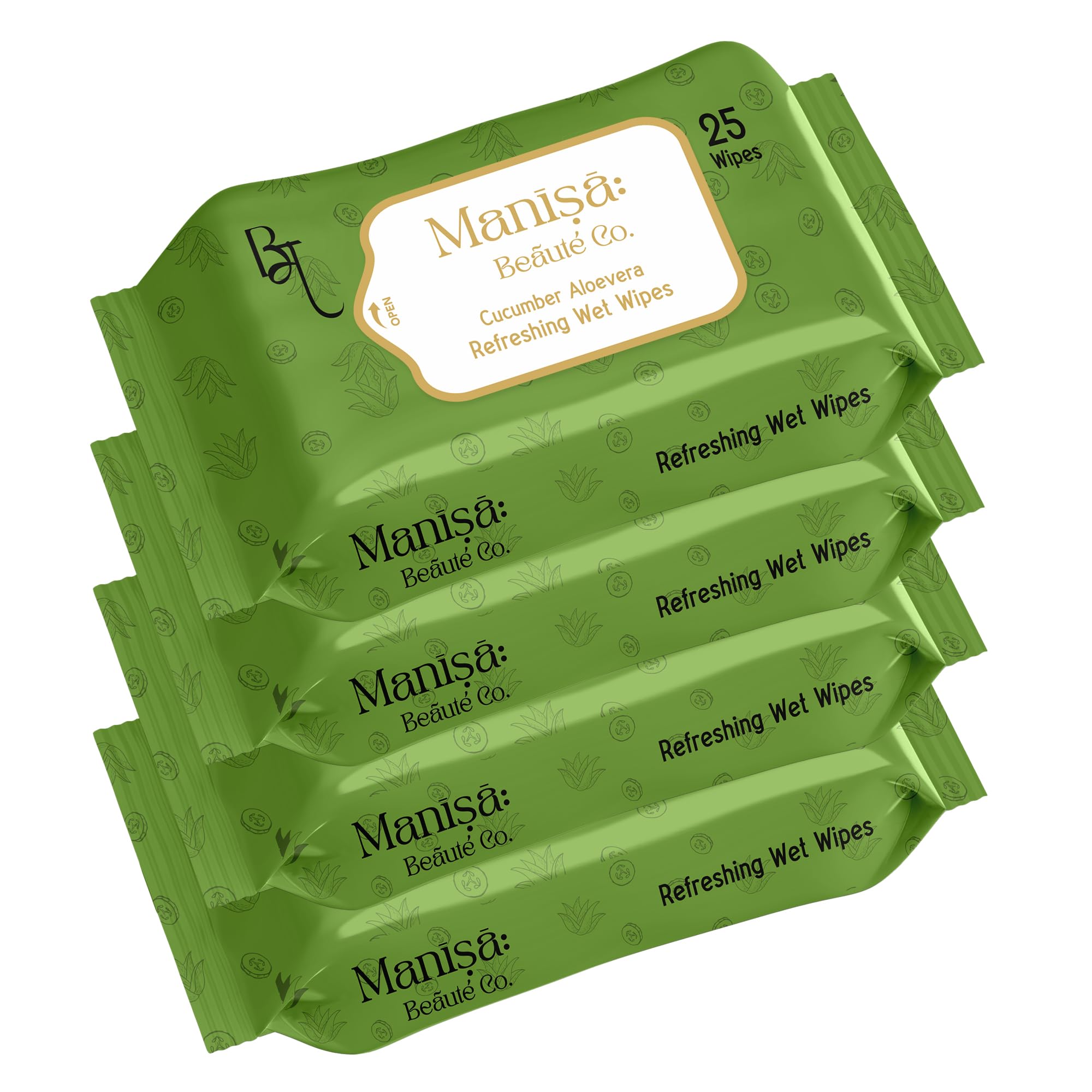 Manisa Beaute Co. Cucumber & Aloe Vera Refreshing Wipes | Alcohol-Free, Paraben-Free, Vegan Face Wipes | Hydrating& Cooling Facial Wipes with Glycerin, 100 Wipes (Pack of 4)