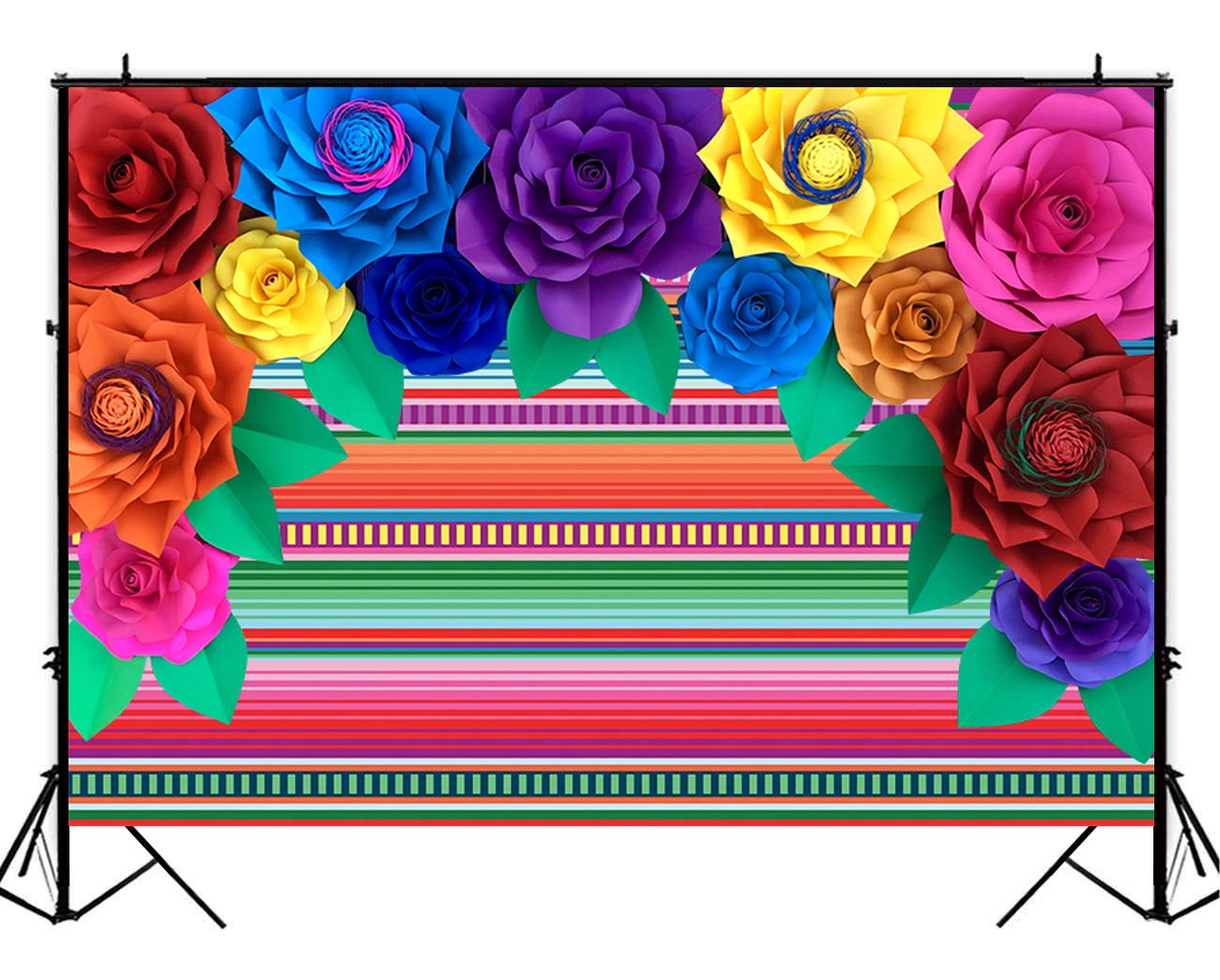 BackdropsOnline Fiesta Party Color Stripes Backdrop for Photoshoot Cinco De Mayo Mexican Festival Photography Background Paper Flowers Birthday Baby Shower Decoration Banner Photobooth Props 7x5ft