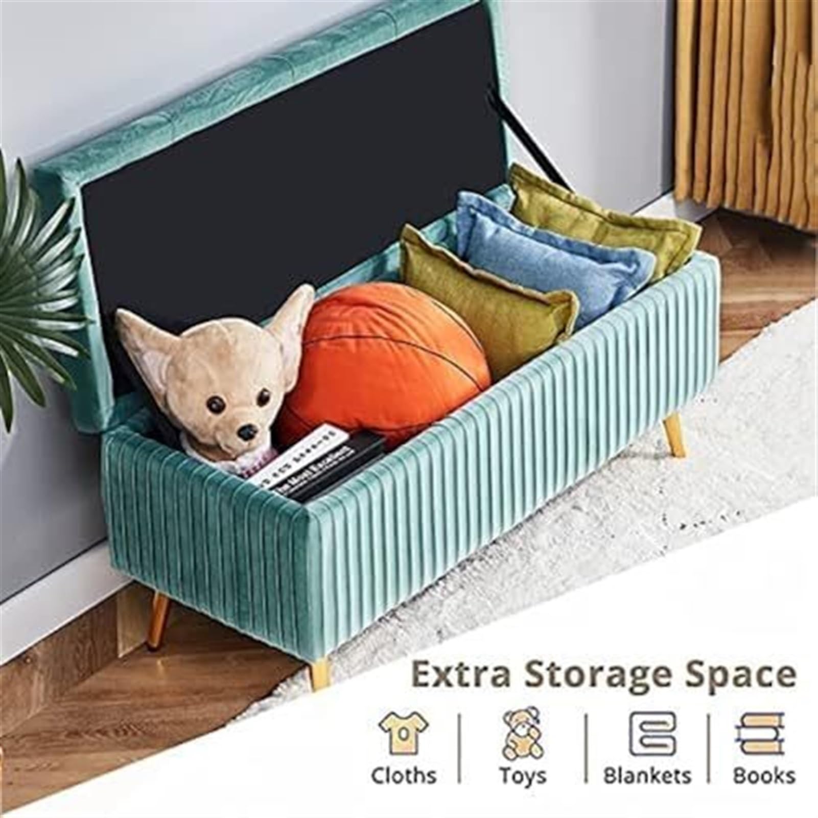 Ottomane Bank, gepolsterter Fußhocker, Sofahocker, Schuhhocker, Samt-Stauraumbank, luxuriöse gepolsterte Bettbank mit Stauraum, Moderne Schlafz(Hellblau-80x45x45cm