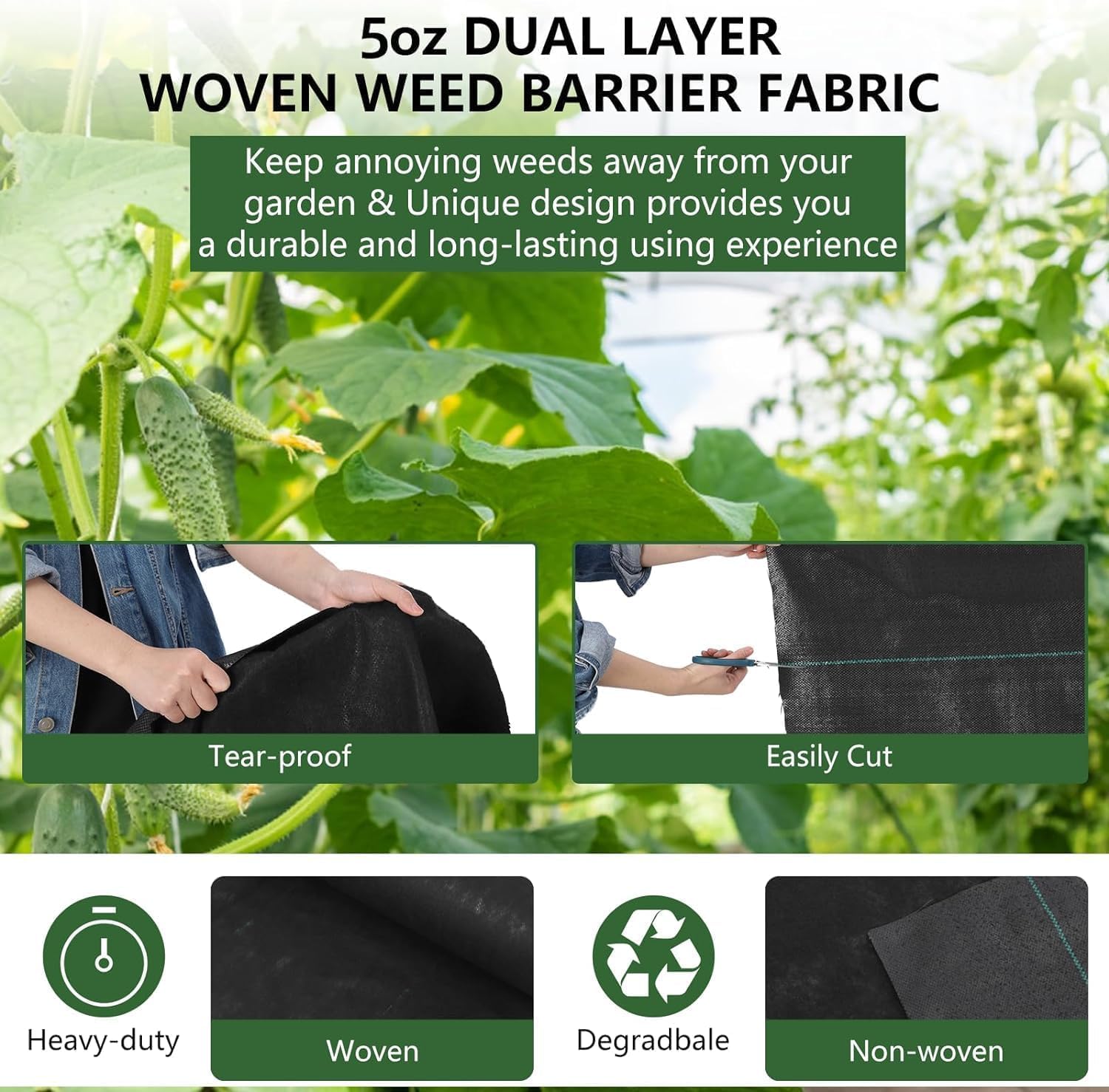 Toile de protection contre les mauvaises herbes tissée robuste de 141,7 g - Tissu paysager de qualité professionnelle - Couverture perméable pour jardins, allées et allées