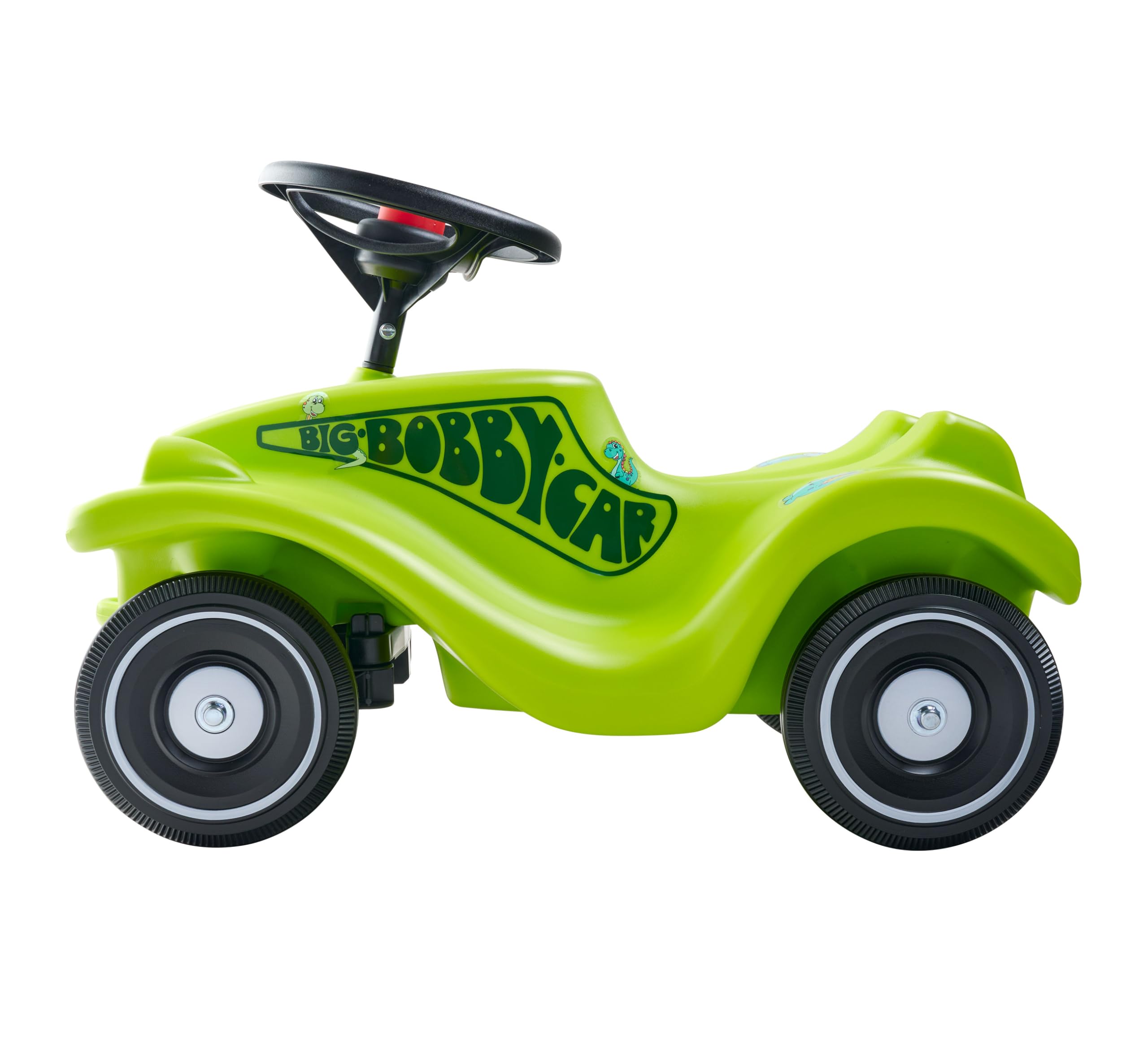 Big Bobby Car Classic Dino samochód od 1 roku w kolorowym wzornictwie z motywem dinozaura, z czarną kierownicą bezpieczeństwa i klaksonem, dla dzieci od 12 miesięcy (do 50 kg), zielony z naklejkami