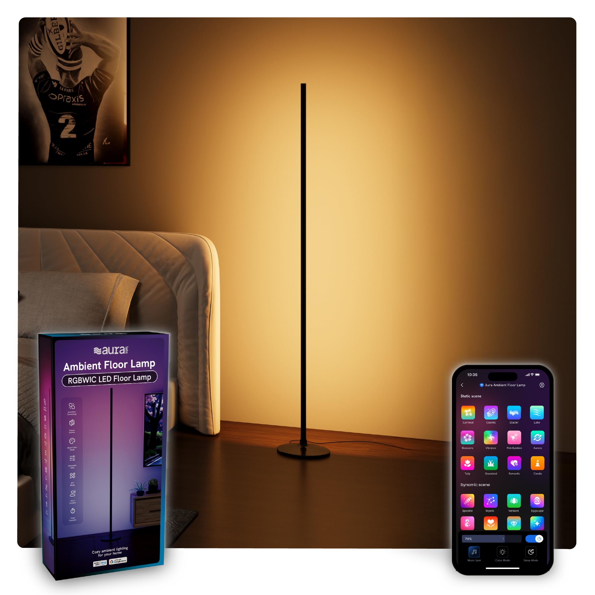 Aura Labs LED Corner Floor Lamp - RGBICW 4 Billion Colors - 90+