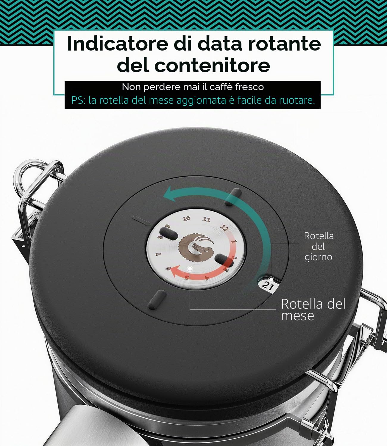 Coffee Gator Contenitore per caffè in acciaio inossidabile 1300 ml, contenitore ermetico con coperchio, indicatore di data, valvola di rilascio di CO2, cucchiaio dosatore