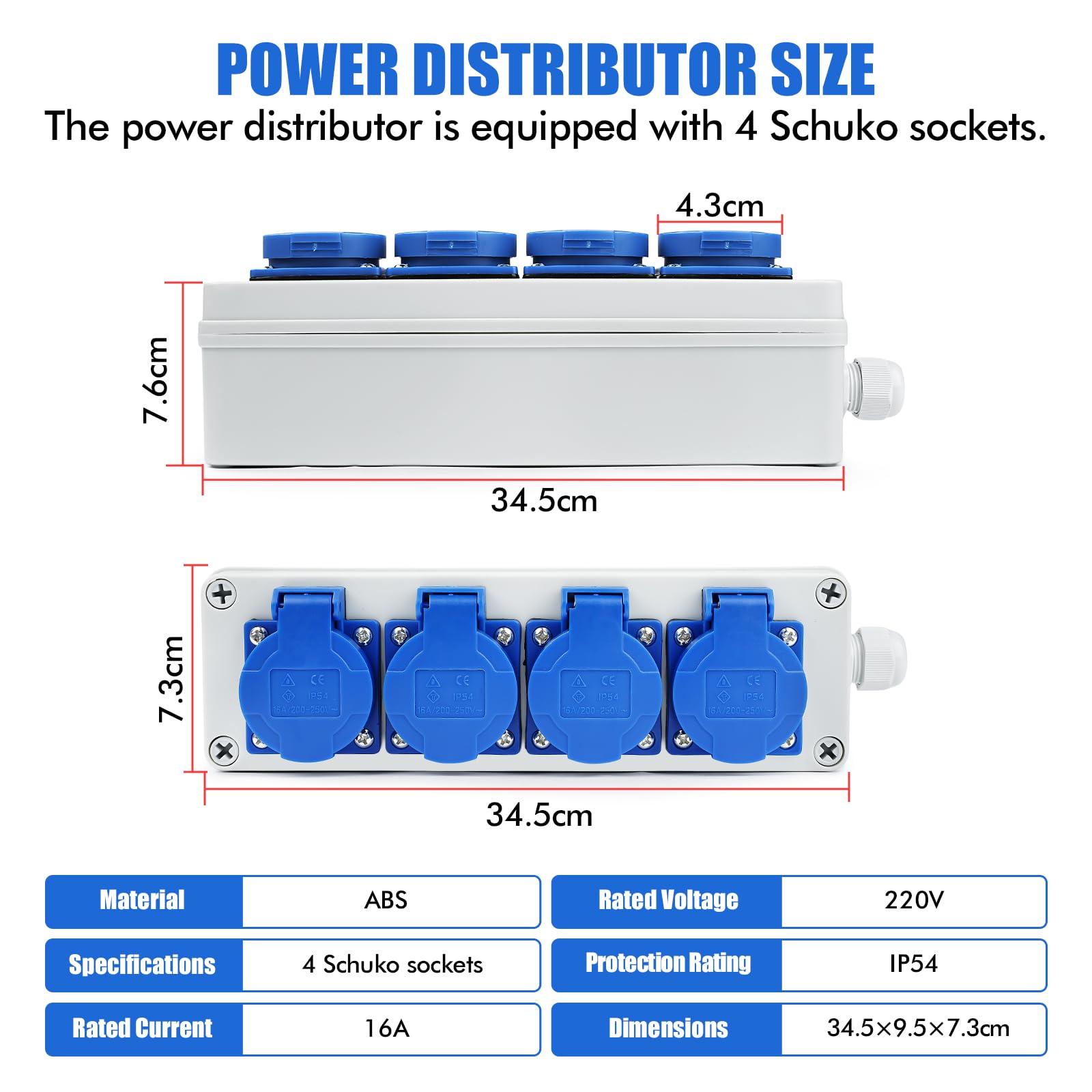 Distribuidor de Enchufes de Pared Caja de Distribución Tomas Schuko 4 x 220 V IP54 Distribuidor de Pared 16A con Cubierta Protectora Individual para Talleres, Interiores y Exteriores