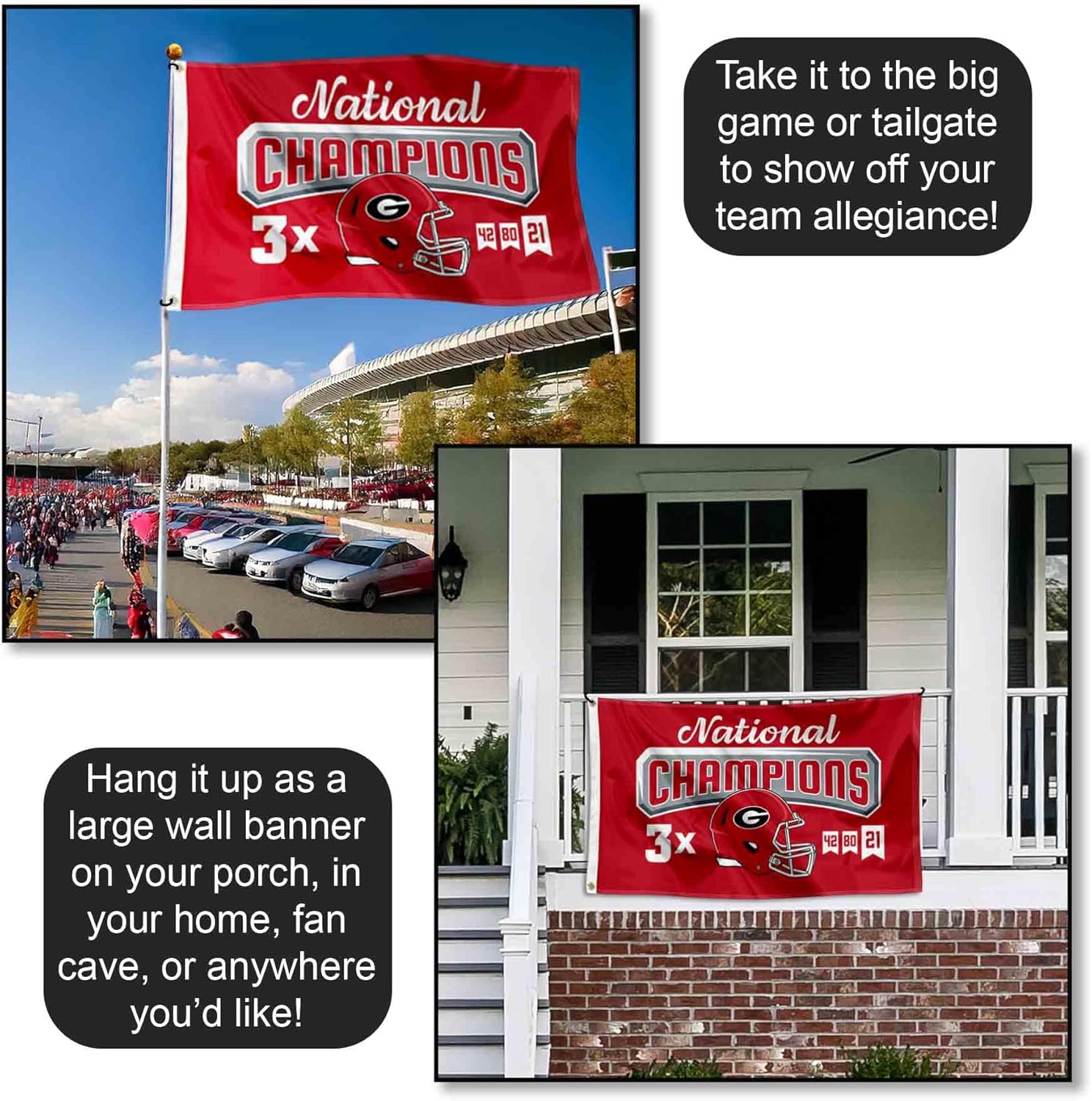 Georgia Bulldogs 2021 Three-Time College Football Champions Banner Flag - Image 4