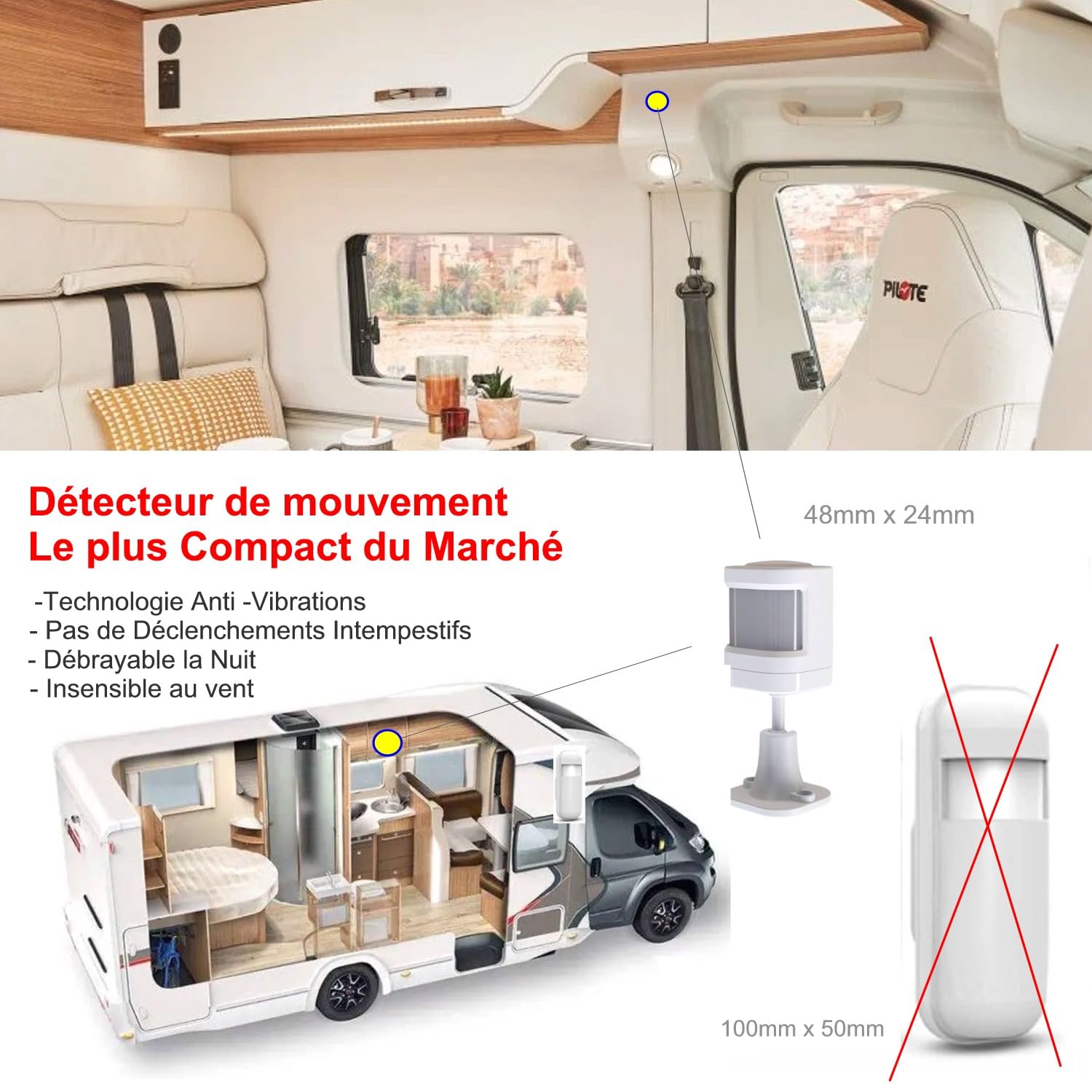 Alarme de Camping Car – WIFI/4G – Surveillance 24h/24h – Alerte sur téléphone - 2 Sirènes – Basse consommation – Adapté aux cloison Alu/Polyeste - Pas de Fausse Alarme – Expédiée programmée