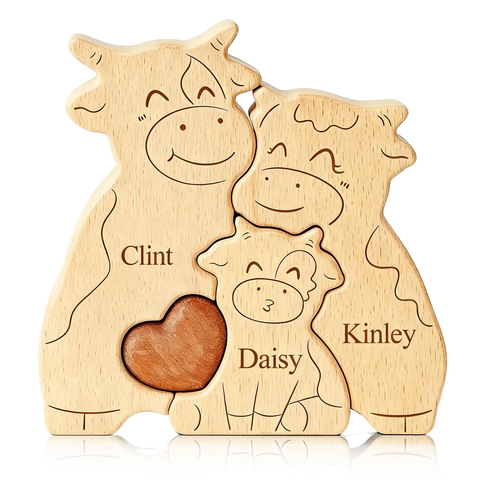 Komergave Personalised Wooden Highland Cow Family Puzzle, Custom Name Animal Jigsaw, Ornaments for Living Room Accessories, 2D Desktop Decor, Memorial Gifts for Mother's Day Father's Day Anniversary