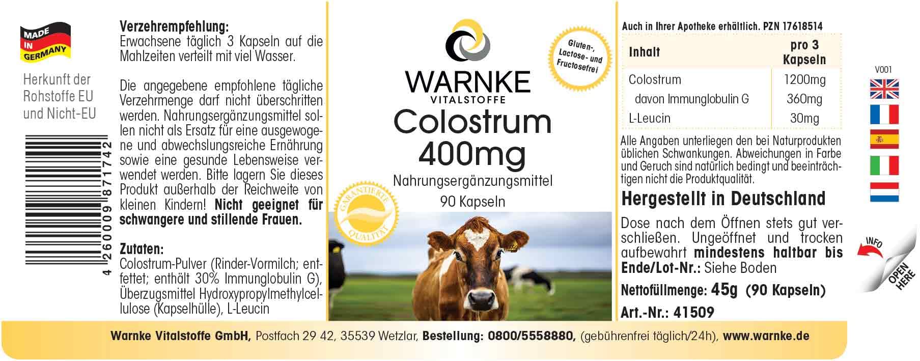 Colostrum Kapseln 400mg - 90 Kapseln - schluckfreundlich - Aminosäuren und Immunglobuline | Warnke Vitalstoffe - Deutsche Apothekenqualität (Packung mit 2)
