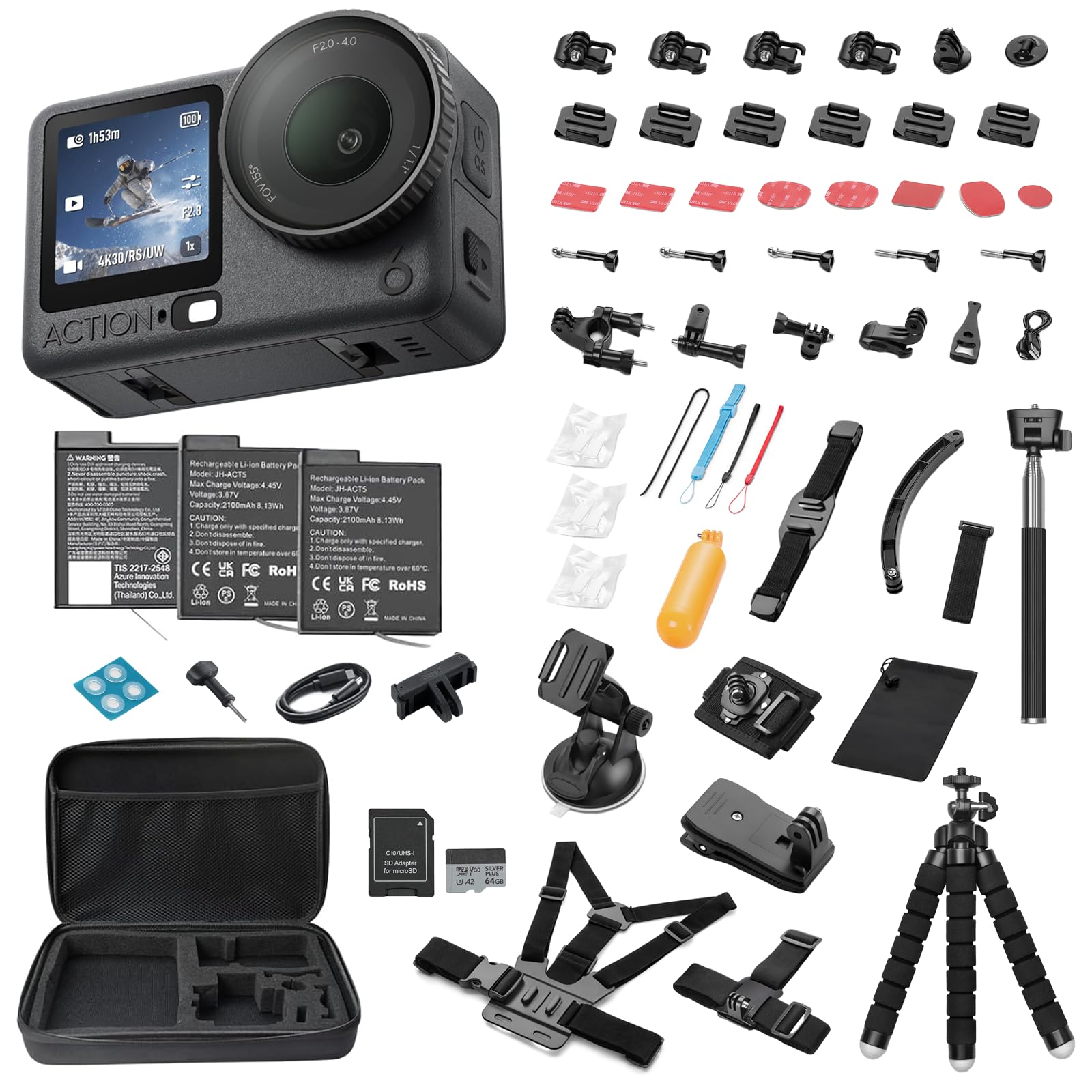 DJI Osmo Action 6 Essential Combo, with 58 Piece Accessory Kit + 2 Extra Batteries + 64GB Card - Waterproof Action Camera with 1/1.1″ Square Sensor, Action Camera 8K Ideal for Daily Use