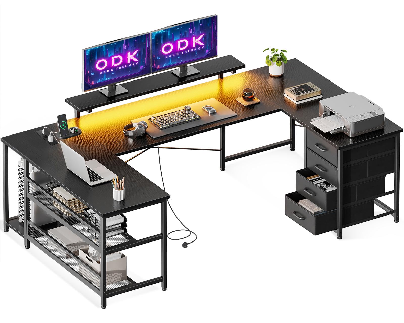 ODK Escritorio con Cajones, Escritorio Esquinero Reversible con Regleta, Escritorio Gaming con LED y Soporte para Monitor para Oficina en Casa, 167×102 cm, Negro