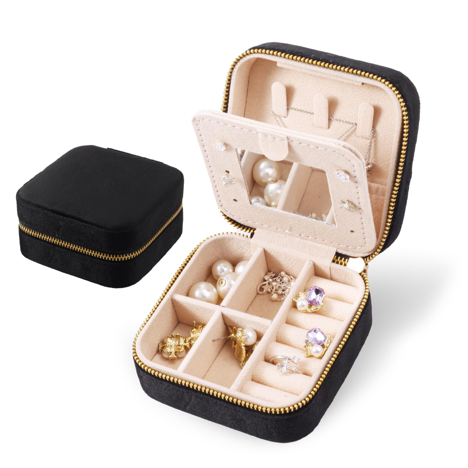 Travel Jewelry Box, Jewelry Organizer with Plush, Small Jewelry Box with Cosmetic Mirror for Women, Earring Organizer with Mirror, Portable Jewelry Box, Makeup Essentials Jewelry Case (1, Black)