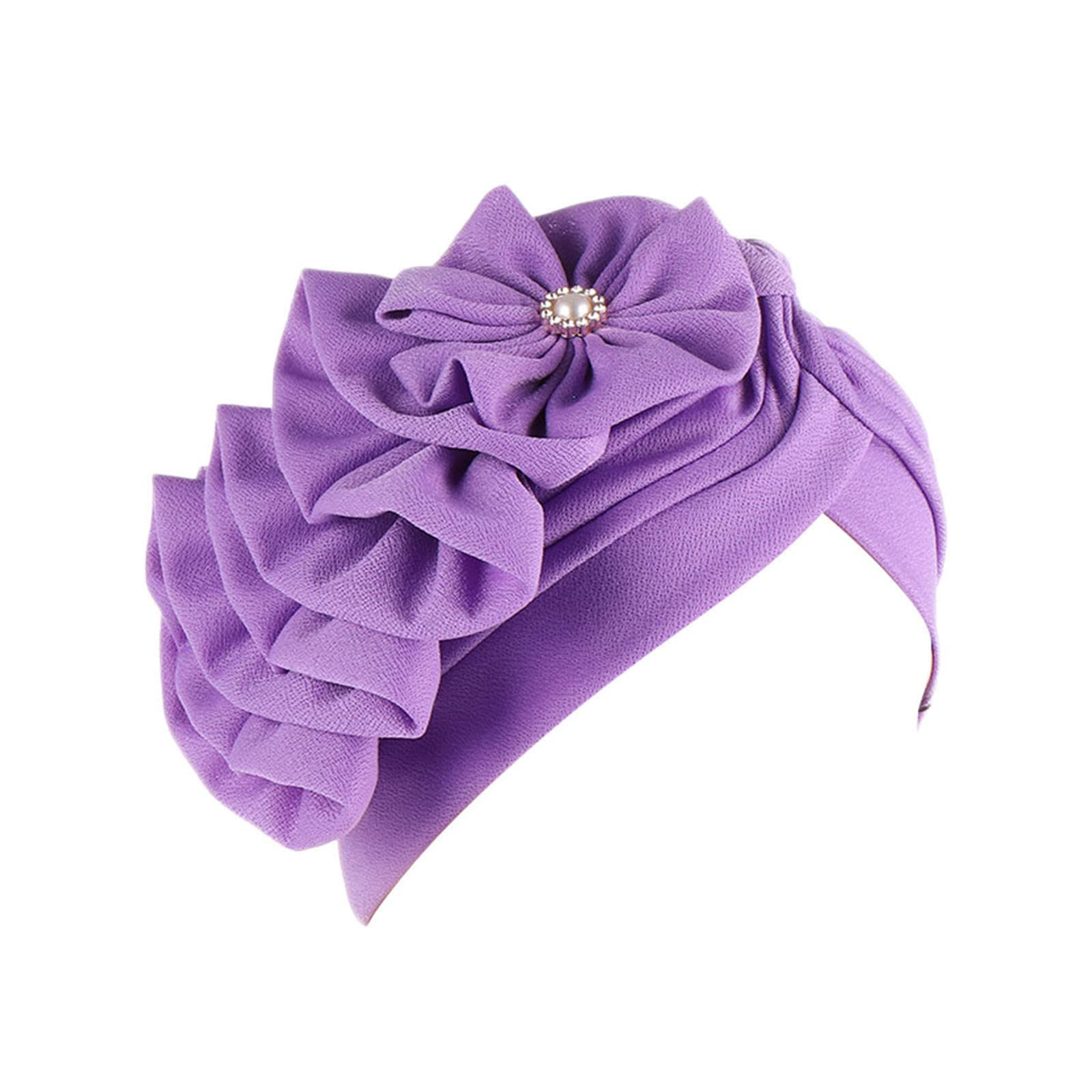 KimloogWomen Pleated Flowers Cancer Chemo Hat Turban Headbands Hair Loss Wrap Cap, A2-purple, One Size