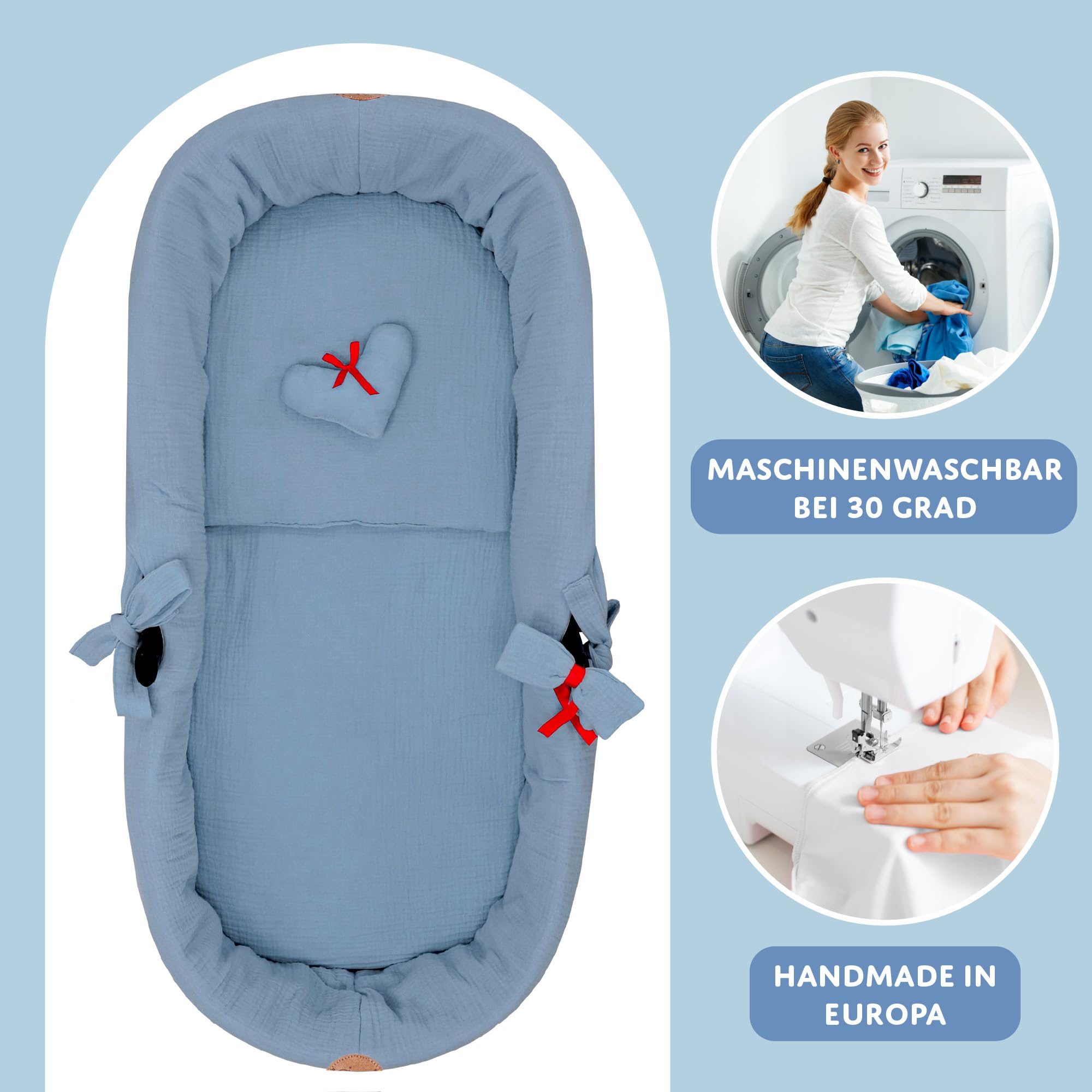 Accessori per passeggino carrozzina mussola neonato Inserto navicella - set 3 pezzi con nido cuscino e materassino cotone morbido materasso Blu