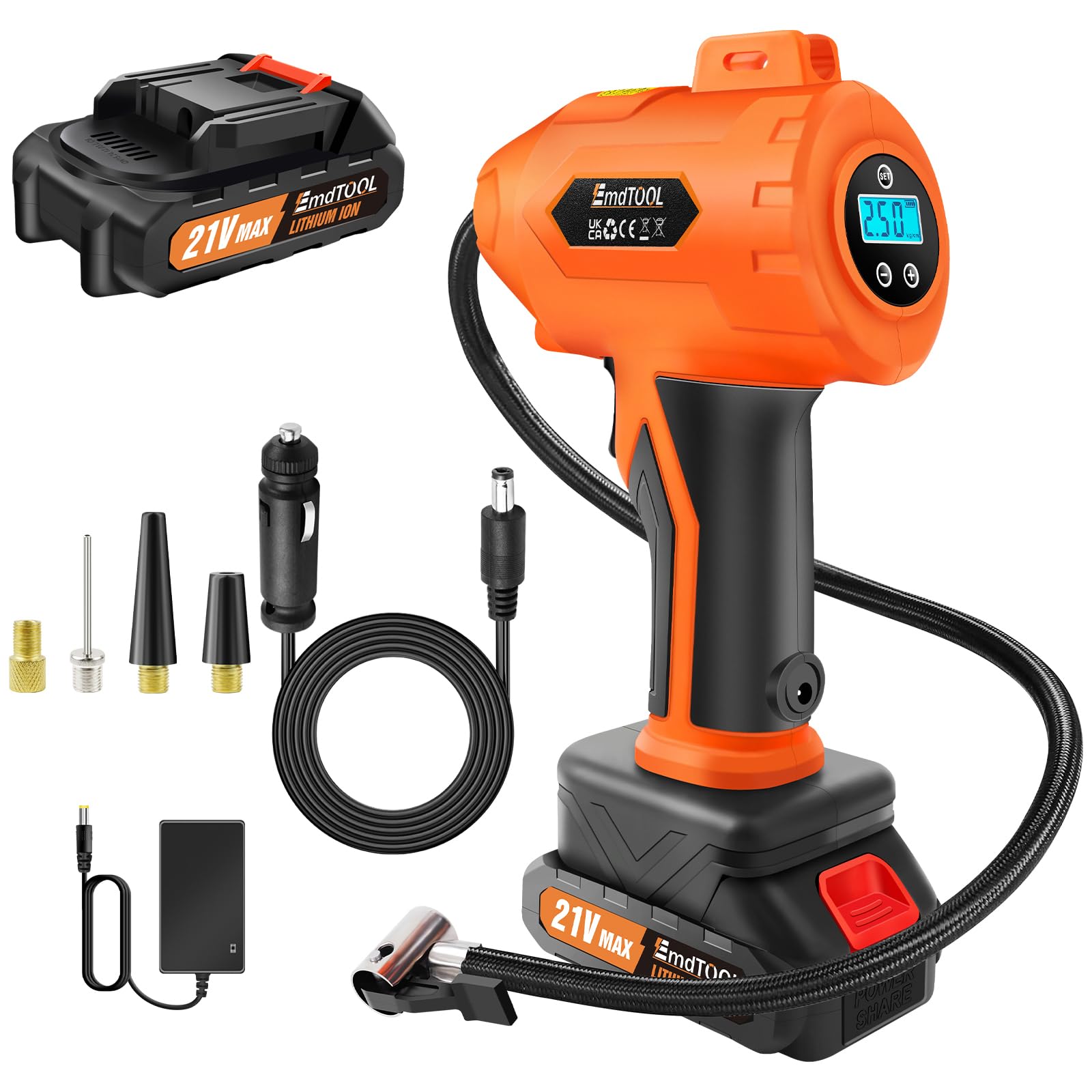 Gonfleur de pneu Compresseur d'air avec batterie 21 V et câble CC 12 V Pompe portable avec manomètre numérique (max. 180 PSI) pour voitures, motos, vélos et ballons