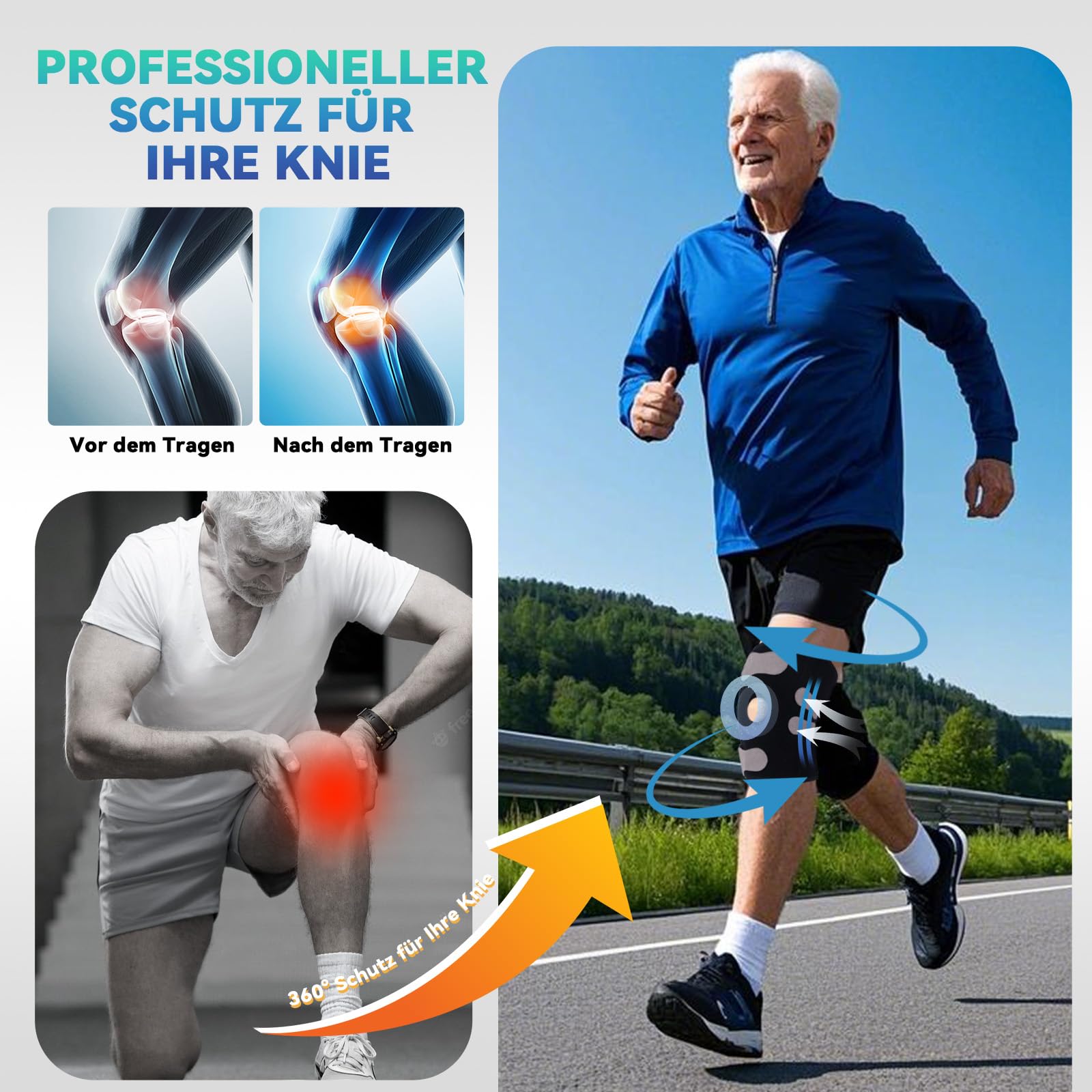 Kniebandage Männer Damen- Verstellbare Kniebandage Meniskus, Arthrose, Arthritis, ACL- Bandage Knie mit Stabilisatoren &Patella Pads, Atmungsaktiv Kniestütze für Sport Knieschmerzen Knee Support