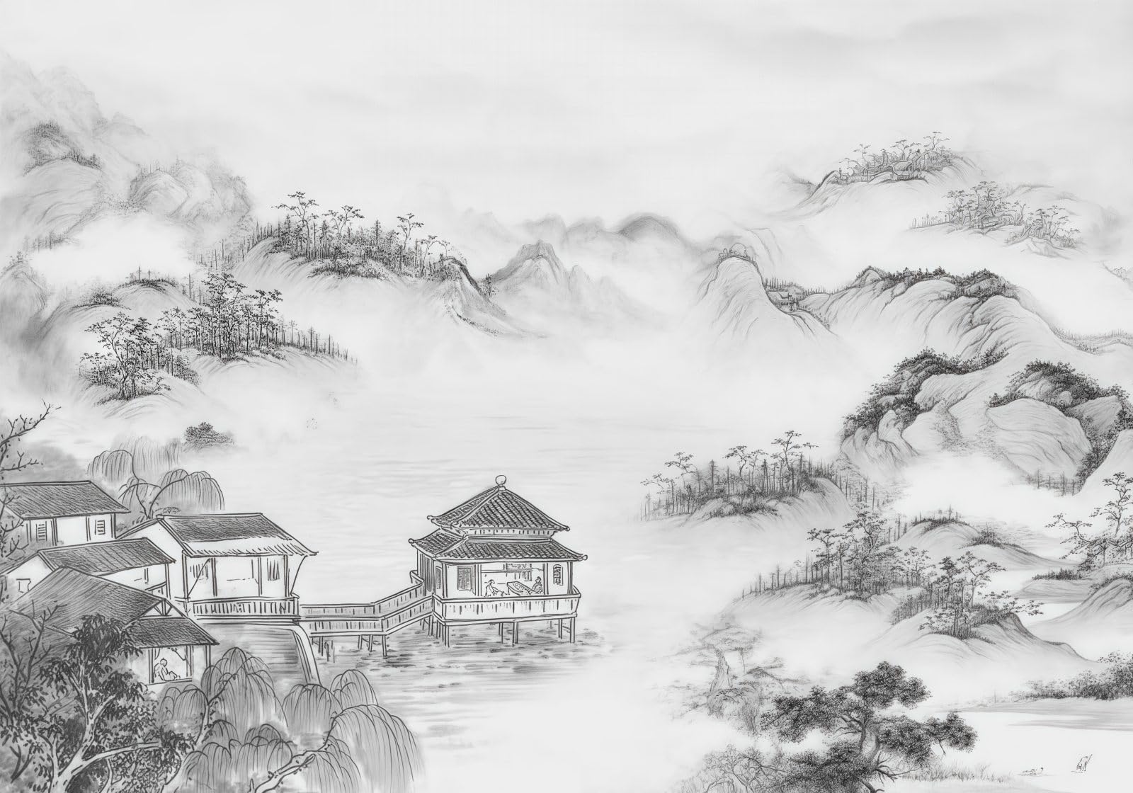 Paysage de montagne encre de Chine pour un salon zen avec ce papier peint 430x300