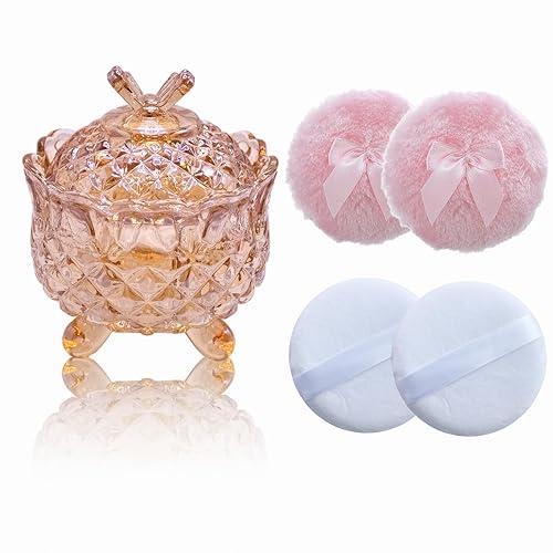 Qopoto 5 Pieces Large Body Powder Puff and Powder Container, Crystal Case for Dust Puff, Powder applicator with Box for Face and Body (Amber, Butterfly) - Amber