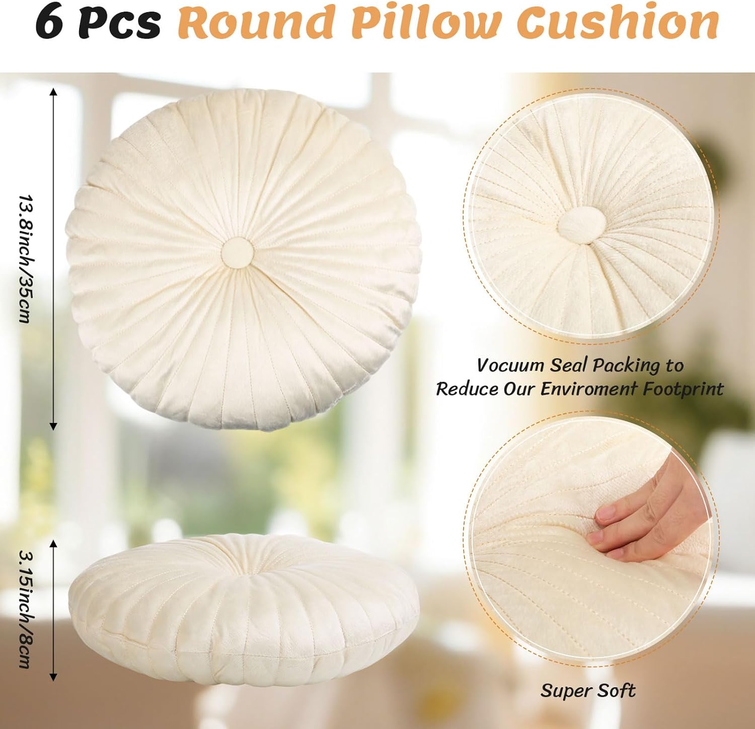 Set of 6 Round Velvet Throw Pillows Bulk 13.8 Inch Decorative Pumpkin Pleated Throw Cushions Vintage Floor Pillows for Couch Sofa Chair Living Room Bed Home Classroom Decor(Vivid Color) - Image 3