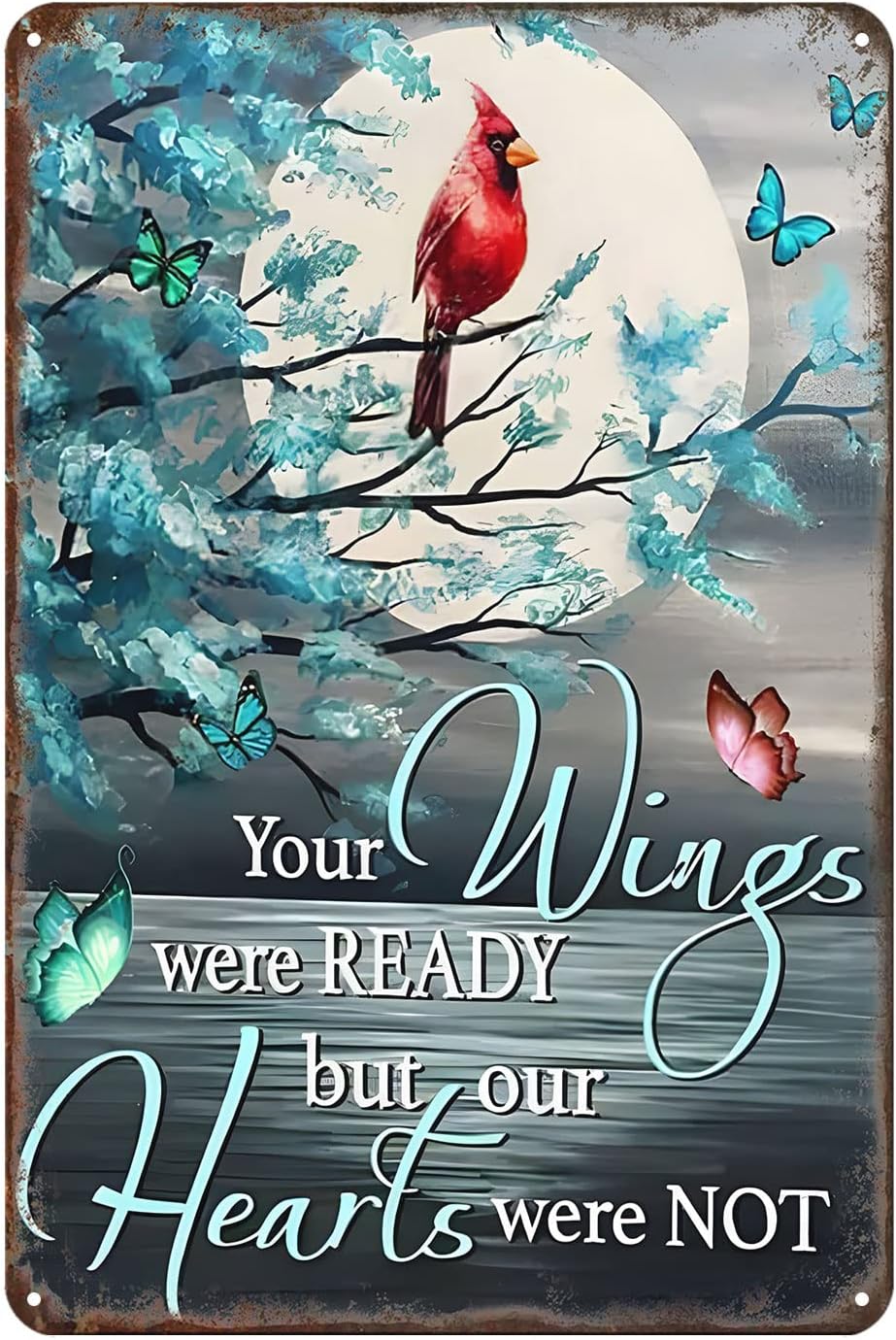 Letreros divertidos de estaño para baño cardenal y mariposa con texto