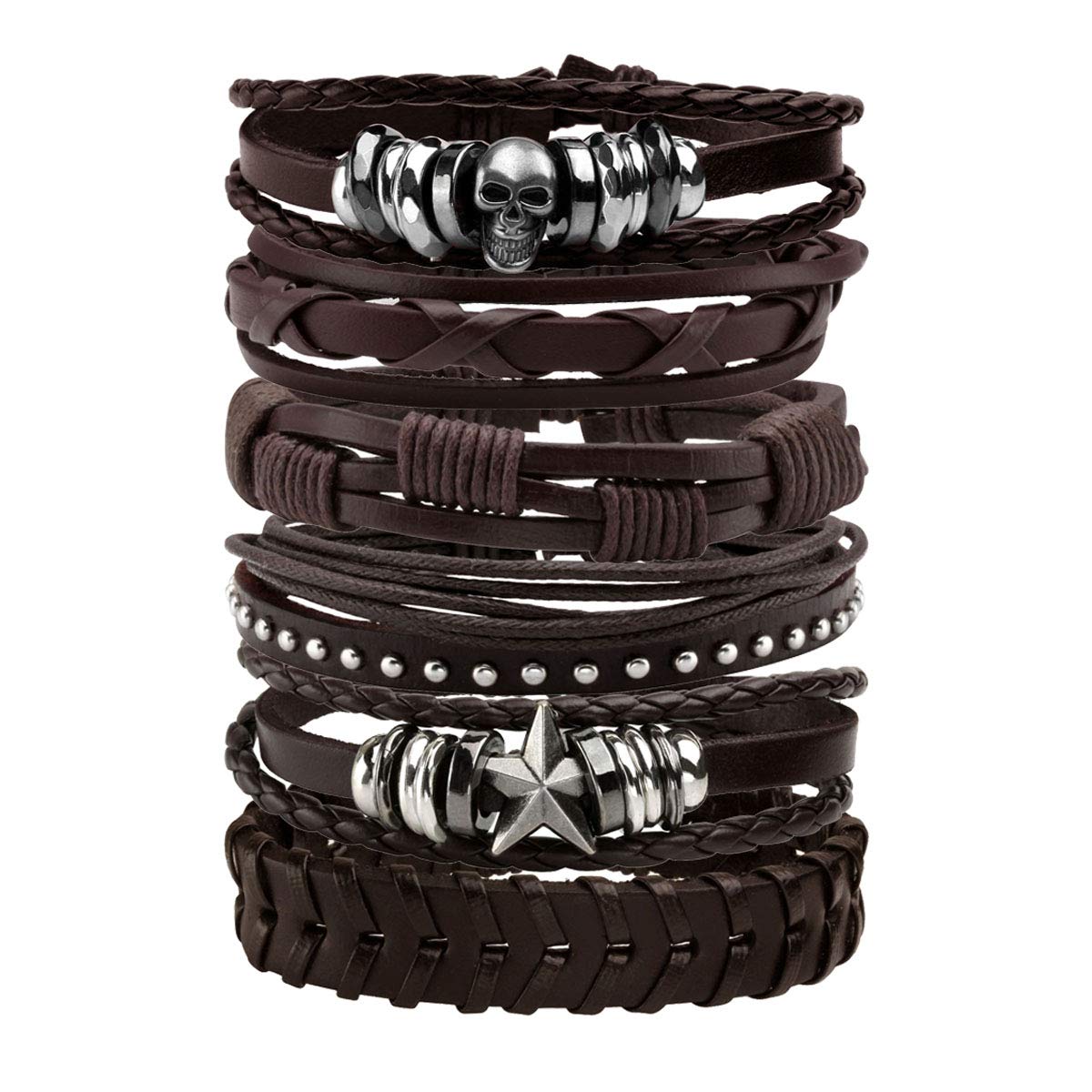 MILAKOO 6Pcs Punk Leather Bracelets for Women Men Braided PU Wristband Skull Skeleton Accessories